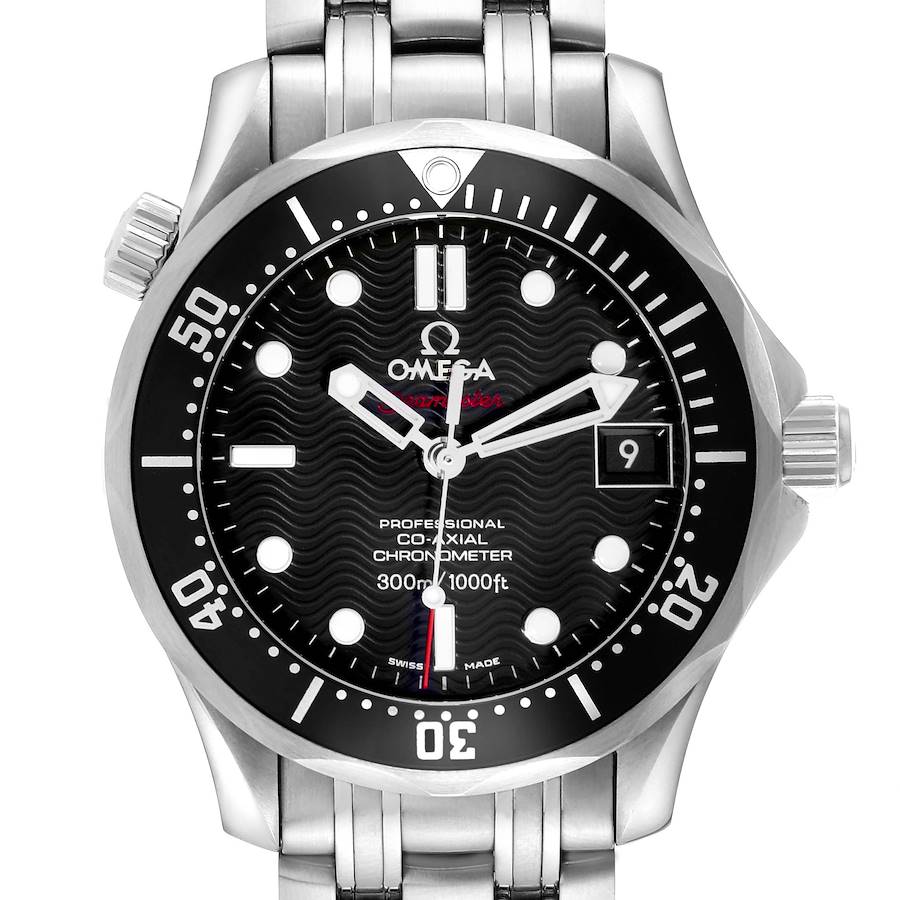 The Omega Seamaster watch is shown from the front, highlighting its face, bezel, and bracelet.
