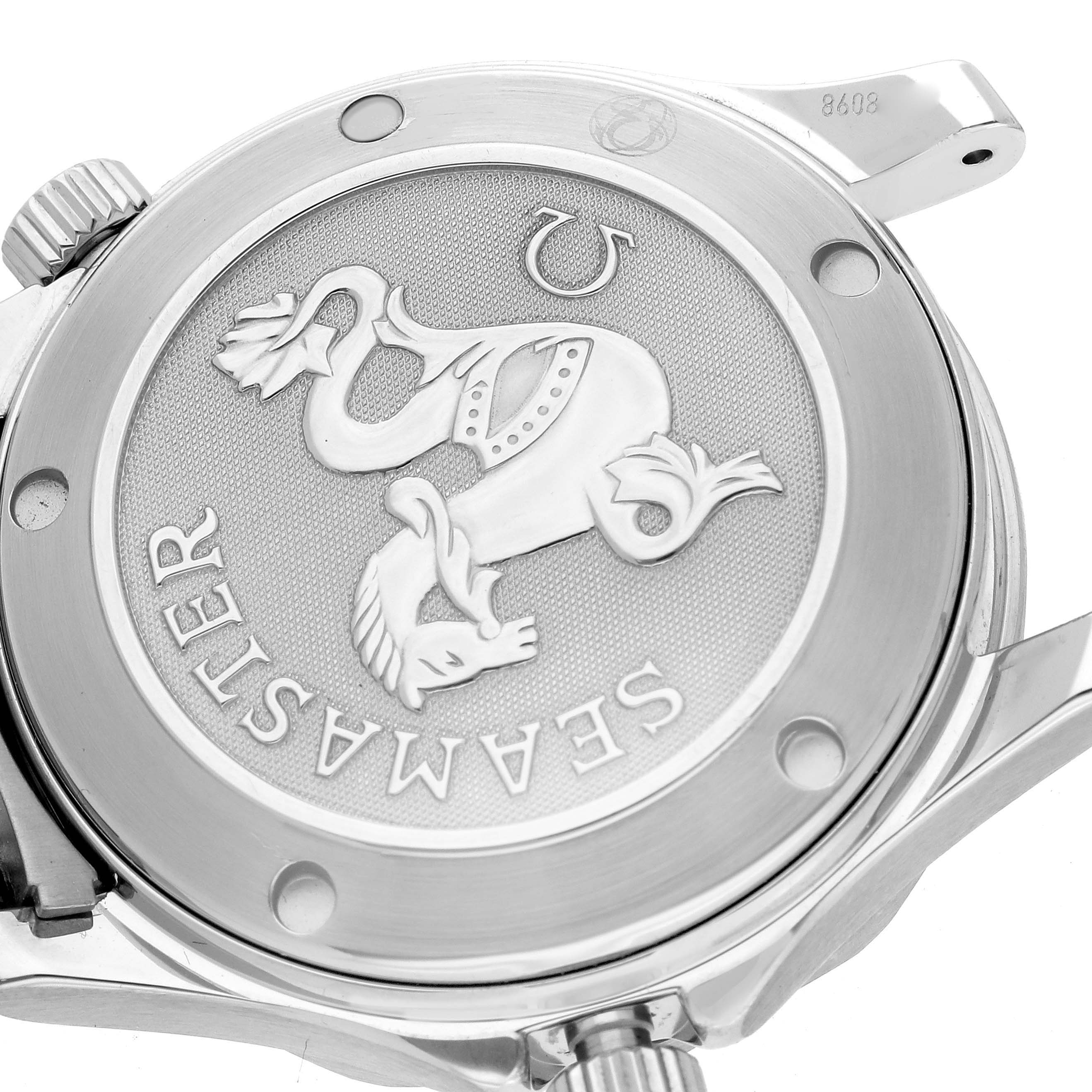 The image shows the back case of an Omega Seamaster 212.30.36.20.01.001 Men
s Stainless Steel Black Dial 212.30.36.20.01.001 Men
s Stainless Steel Black Dial watch, highlighting its intricate engraving and brand logo.