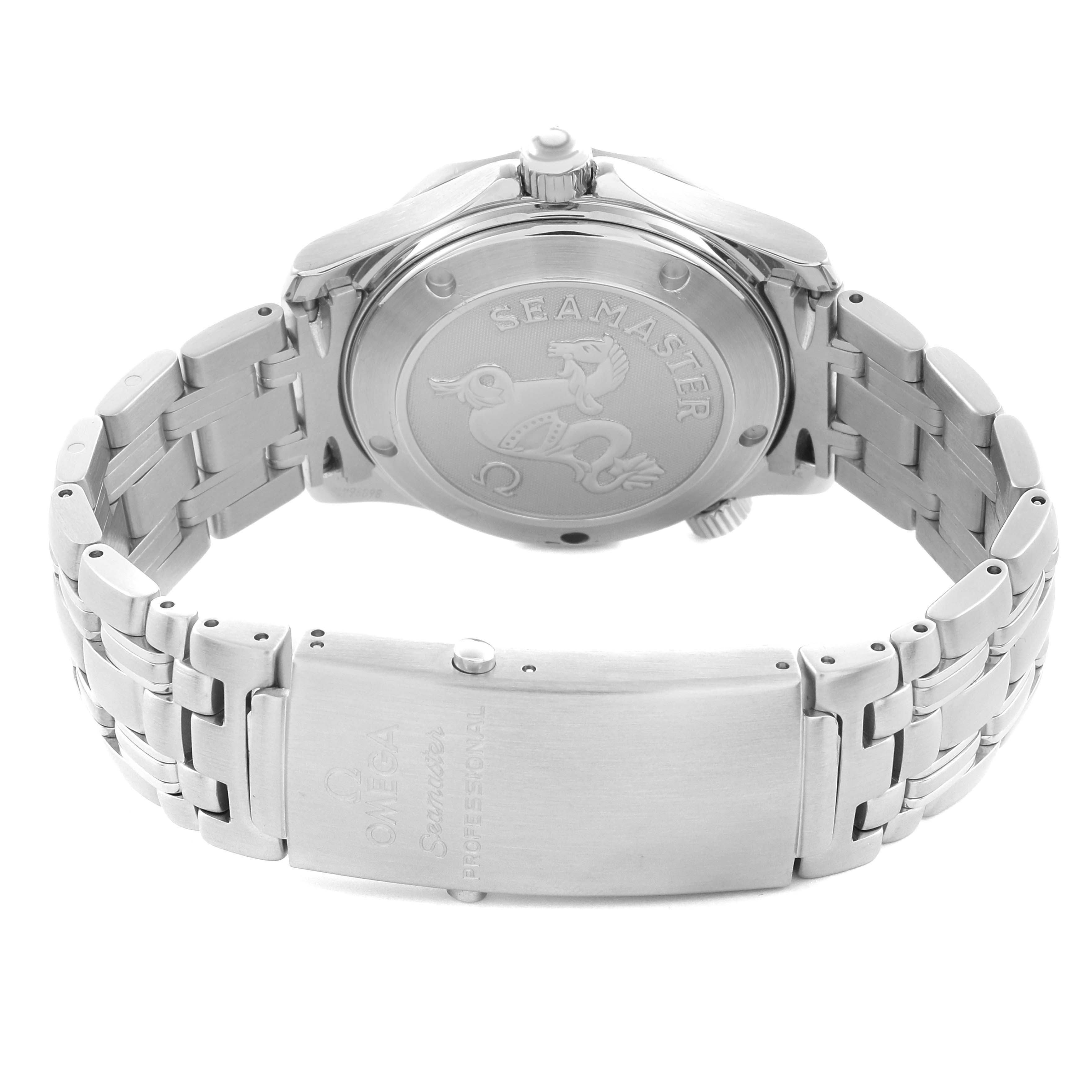 The image shows the Omega Seamaster 212.30.36.20.01.001 Men
s Stainless Steel Black Dial 212.30.36.20.01.001 Men
s Stainless Steel Black Dial
s back case and bracelet clasp from a slightly elevated rear angle.