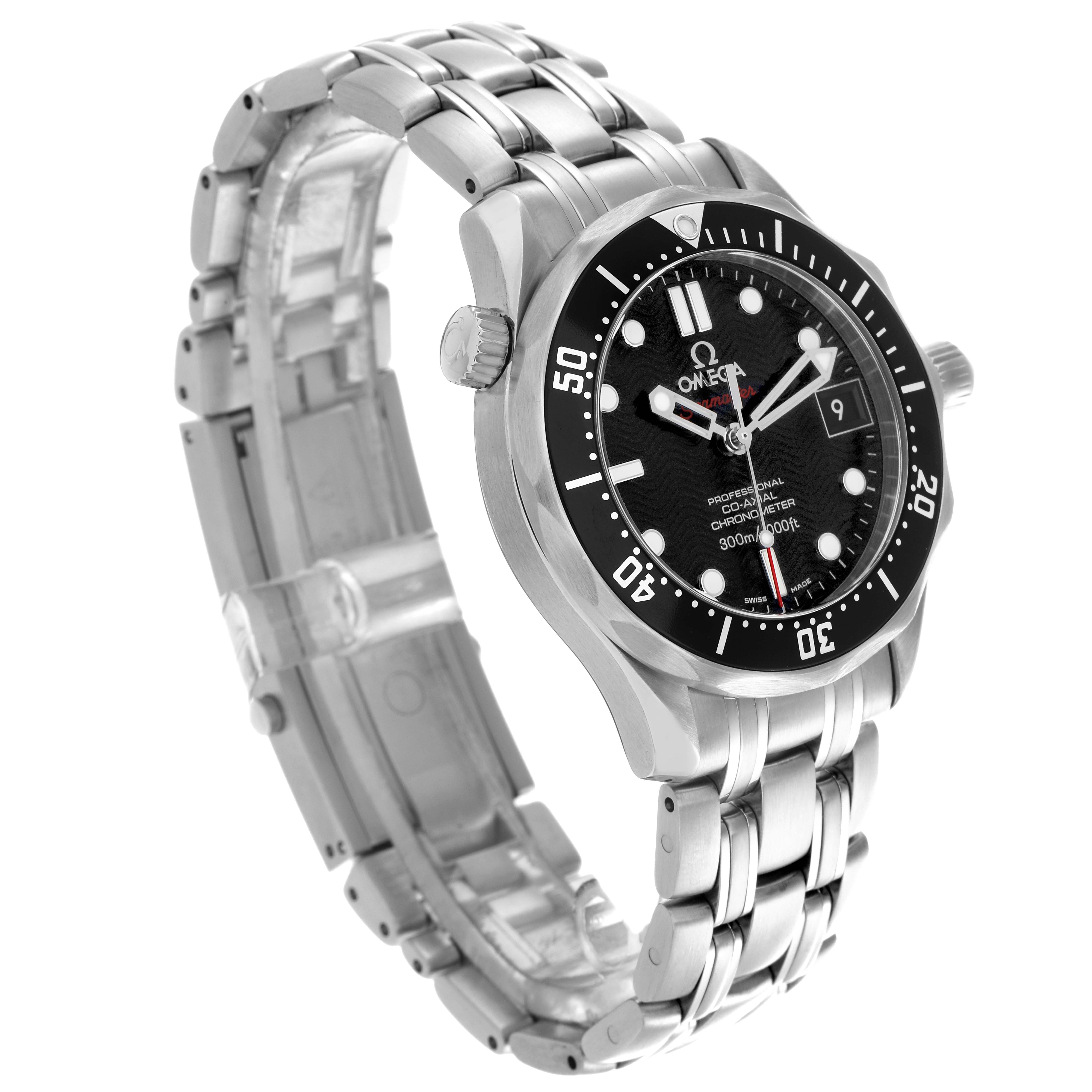 The Omega Seamaster 212.30.36.20.01.001 Men
s Stainless Steel Black Dial 212.30.36.20.01.001 Men
s Stainless Steel Black Dial watch is shown at a three-quarter angle, displaying the face, bezel, bracelet, and crown.