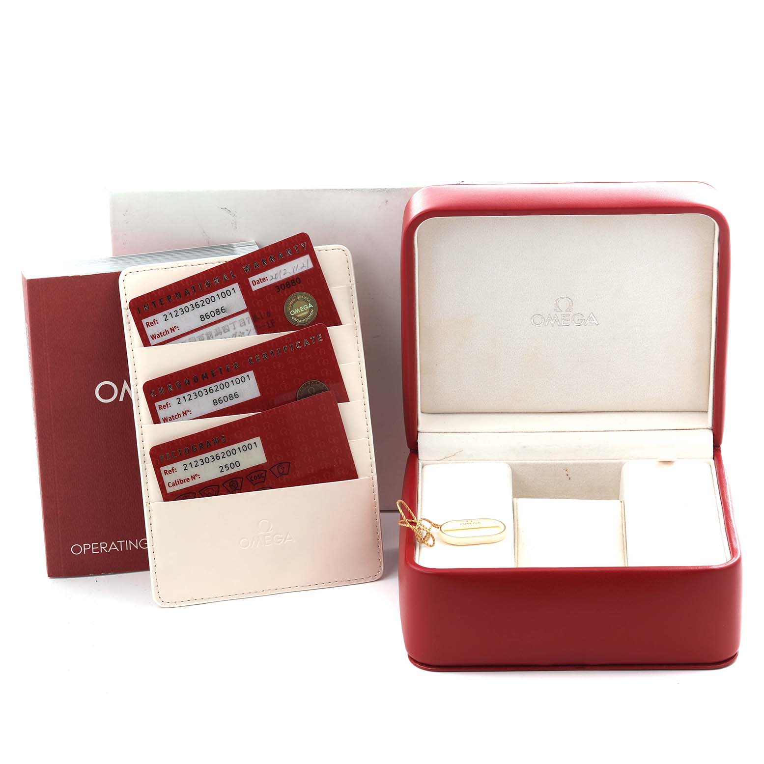 The image shows accessories for the Omega Seamaster 212.30.36.20.01.001 Men
s Stainless Steel Black Dial 212.30.36.20.01.001 Men
s Stainless Steel Black Dial, including a red box, warranty cards, and an operating manual.