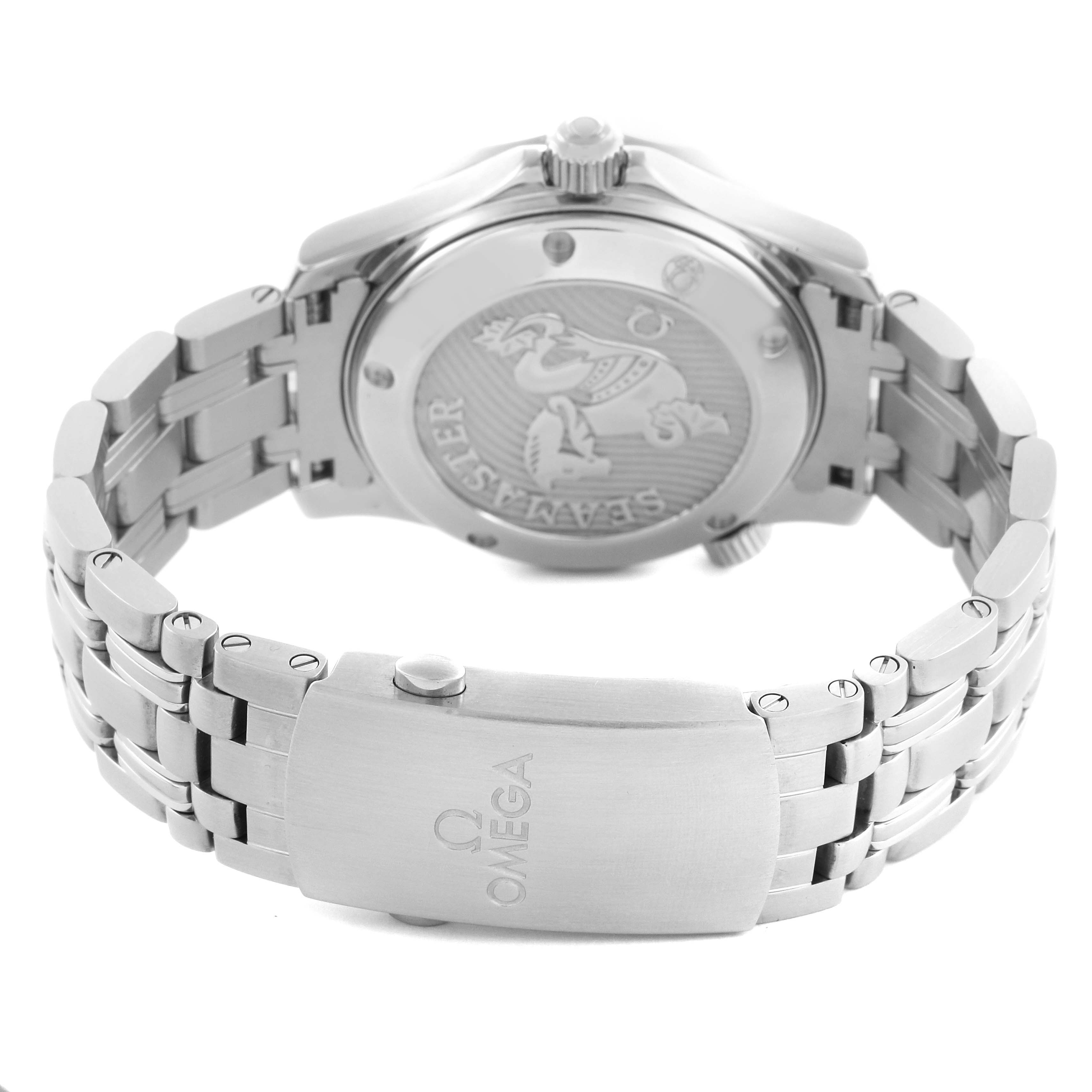 The image shows the back and clasp of the Omega Seamaster 212.30.36.20.01.002 Men
s Stainless Steel Black Dial 212.30.36.20.01.002 Men
s Stainless Steel Black Dial, highlighting the engraved case back and metal bracelet.