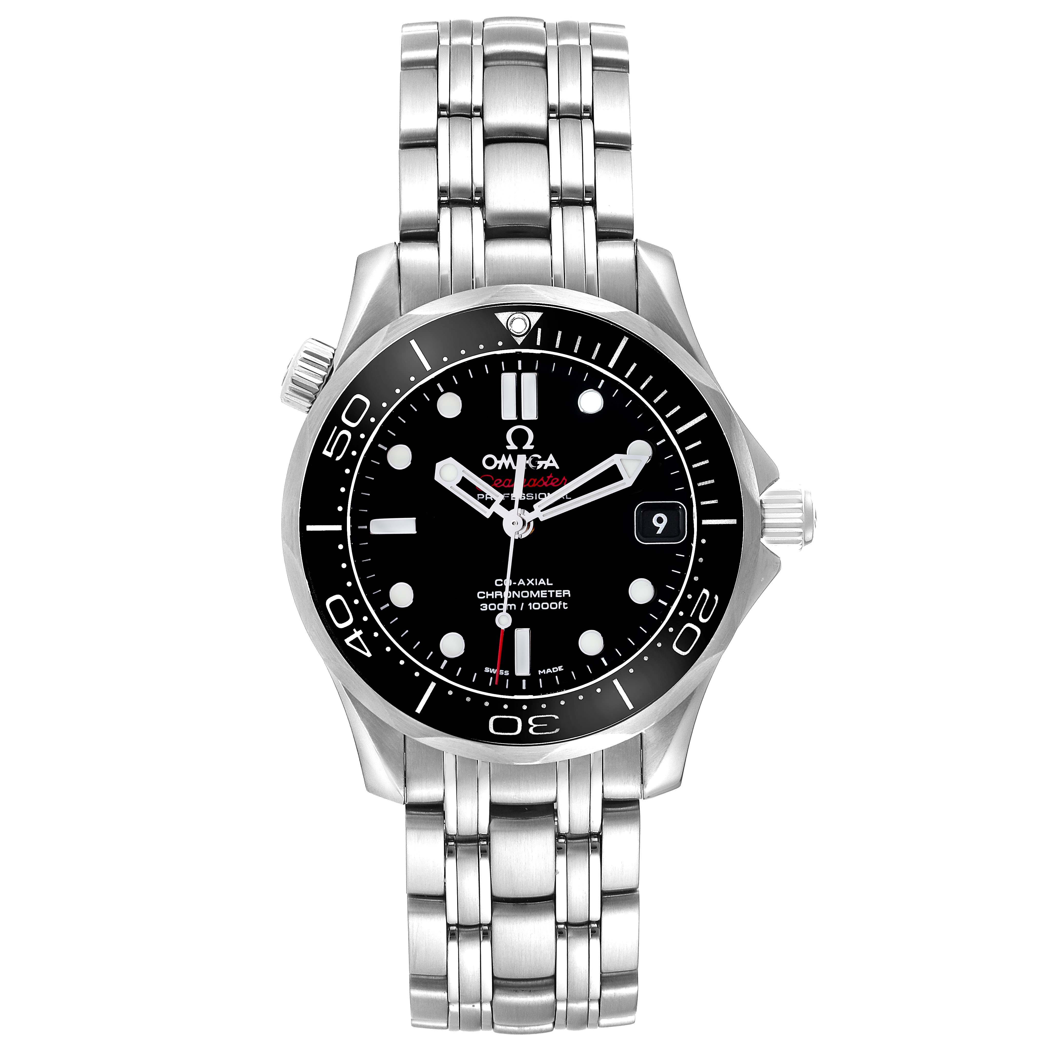 The Omega Seamaster 212.30.36.20.01.002 Men
s Stainless Steel Black Dial 212.30.36.20.01.002 Men
s Stainless Steel Black Dial watch is shown from the front, displaying the dial, bezel, bracelet, and crown.