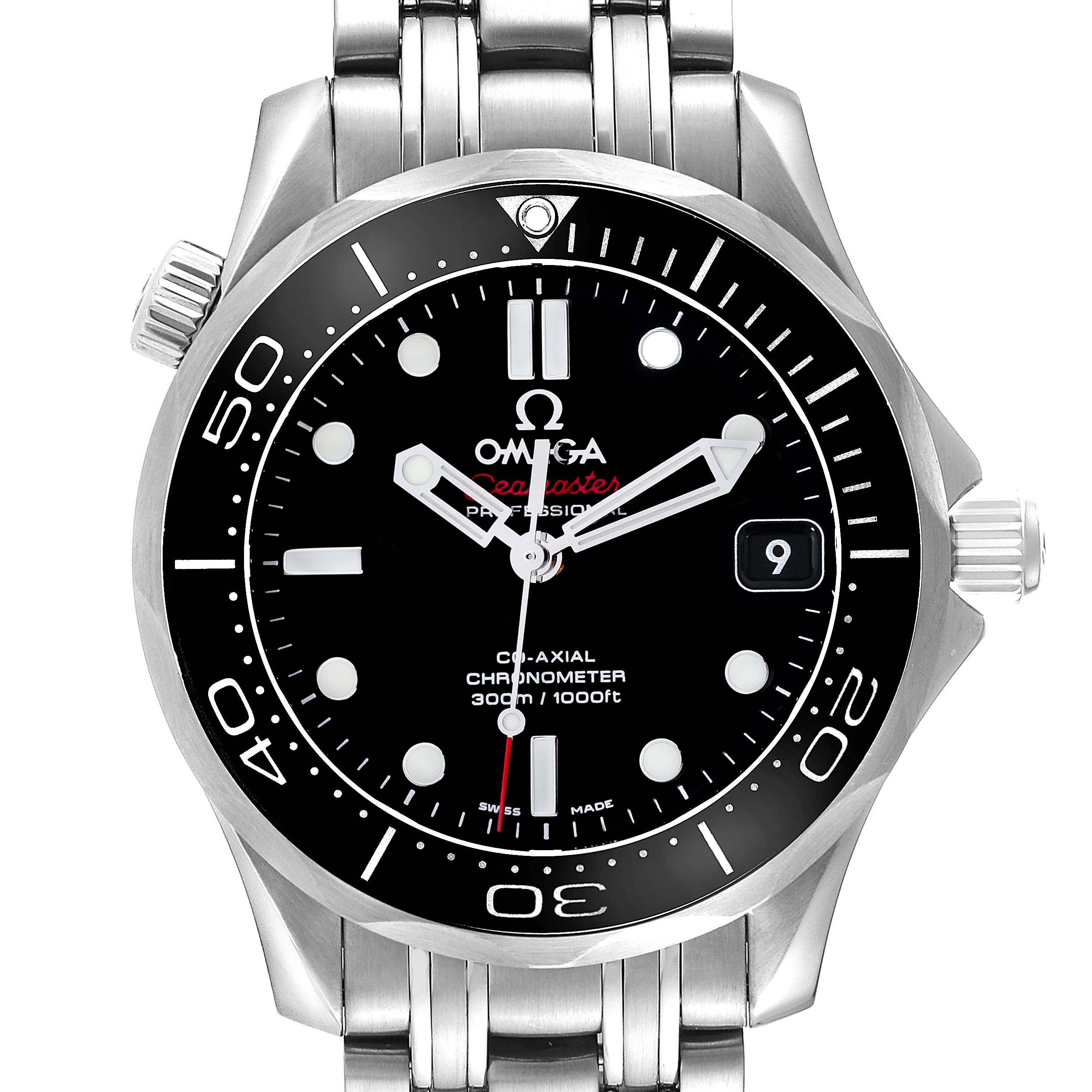 This image shows a frontal view of the Omega Seamaster 212.30.36.20.01.002 Men
s Stainless Steel Black Dial 212.30.36.20.01.002 Men
s Stainless Steel Black Dial watch, highlighting the dial, bezel, hands, and bracelet links.