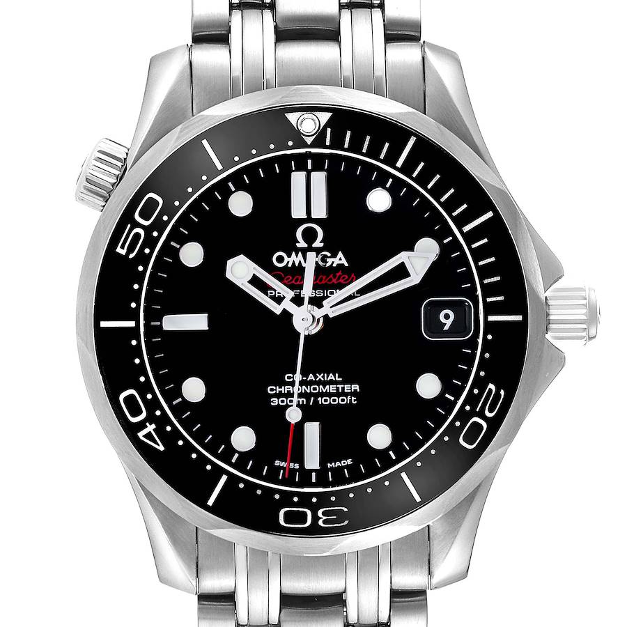 This image shows a frontal view of the Omega Seamaster watch, highlighting the dial, bezel, hands, and bracelet links.