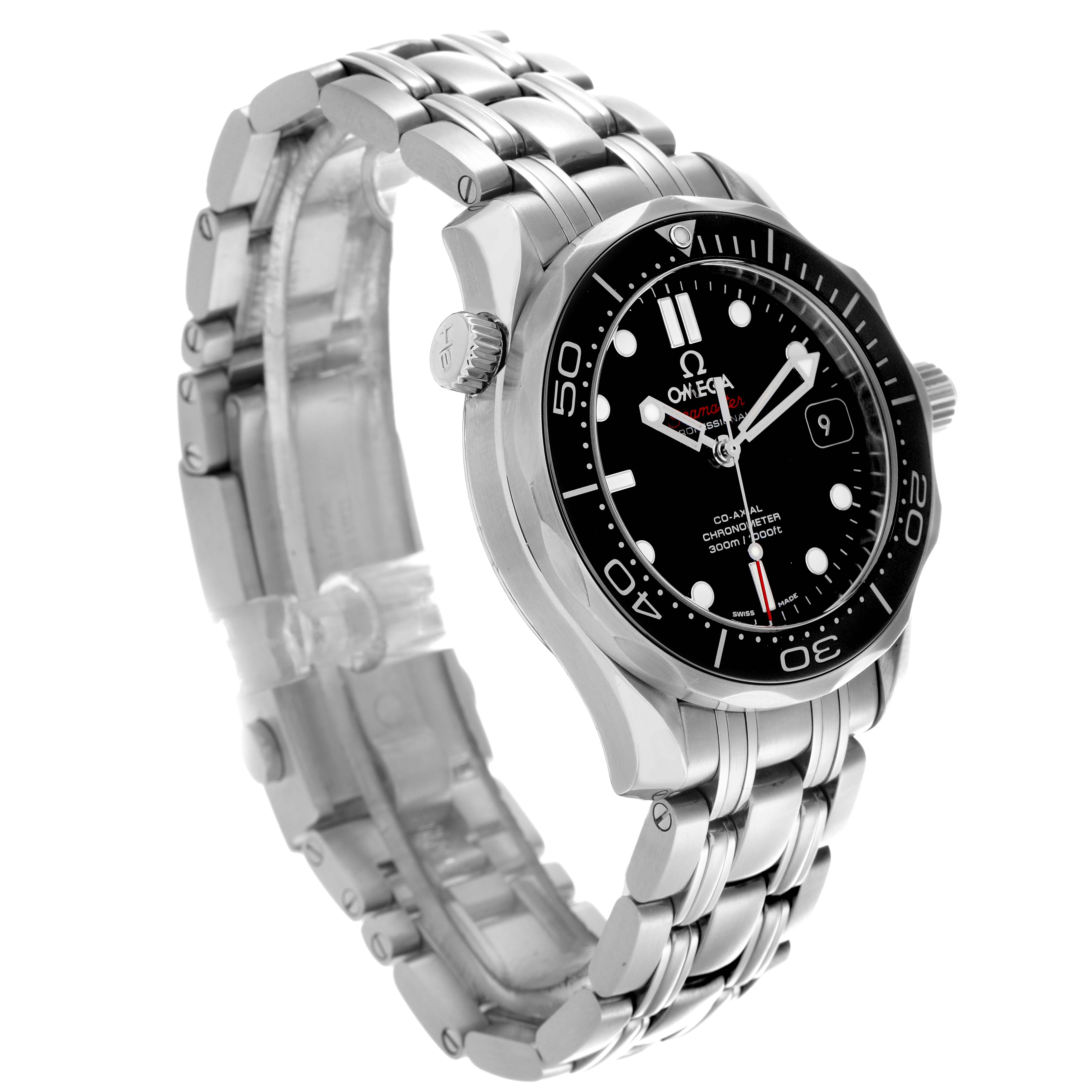 The Omega Seamaster 212.30.36.20.01.002 Men
s Stainless Steel Black Dial 212.30.36.20.01.002 Men
s Stainless Steel Black Dial watch is shown at a three-quarter angle, displaying the face, bezel, crown, and bracelet.