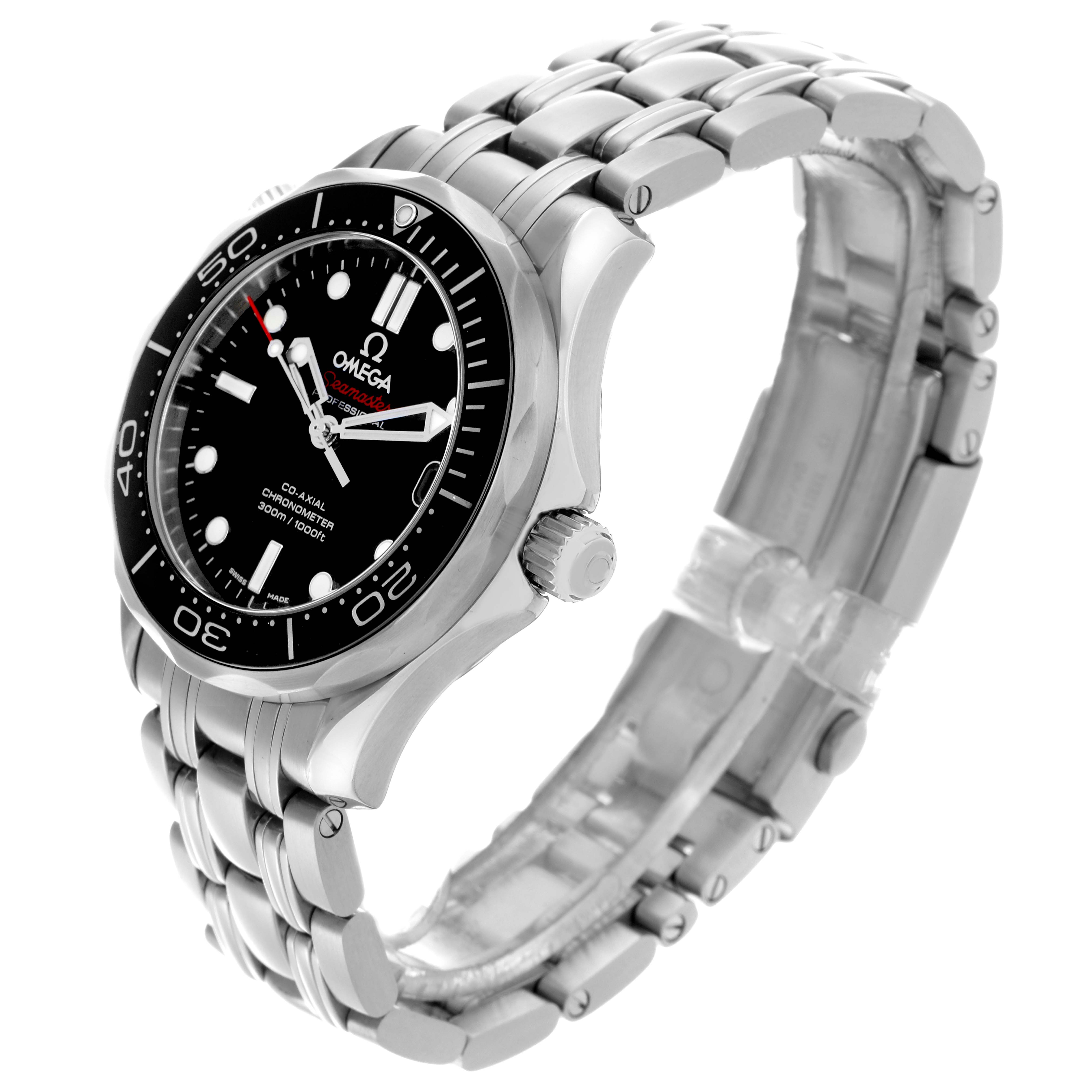 The Omega Seamaster 212.30.36.20.01.002 Men
s Stainless Steel Black Dial 212.30.36.20.01.002 Men
s Stainless Steel Black Dial watch is shown at an angled side view, displaying the bracelet, bezel, and crown.