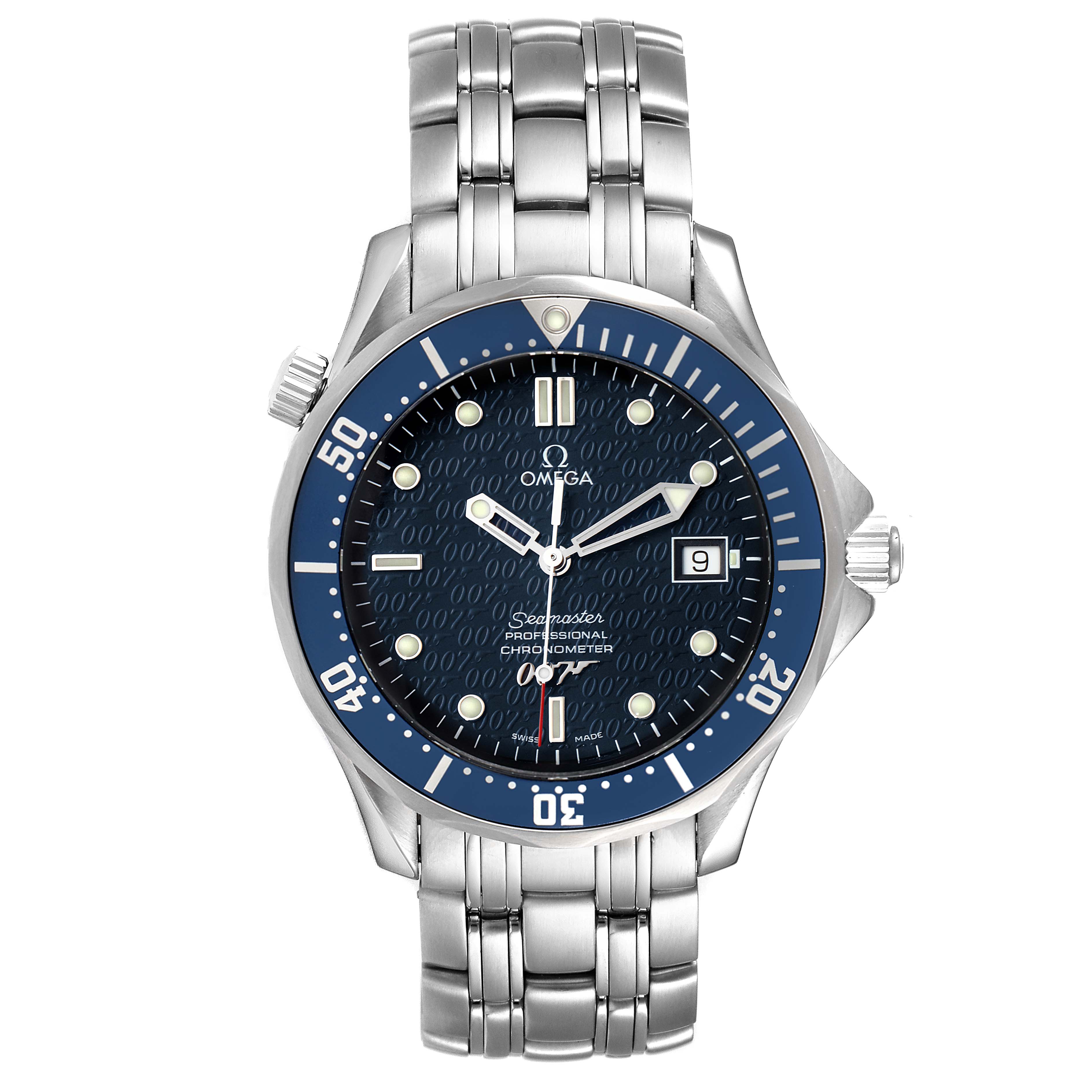 The Omega Seamaster 2537.80.00 Men
s Stainless Steel Blue Dial 2537.80.00 Men
s Stainless Steel Blue Dial watch is shown from the front, highlighting its face, bezel, and bracelet.