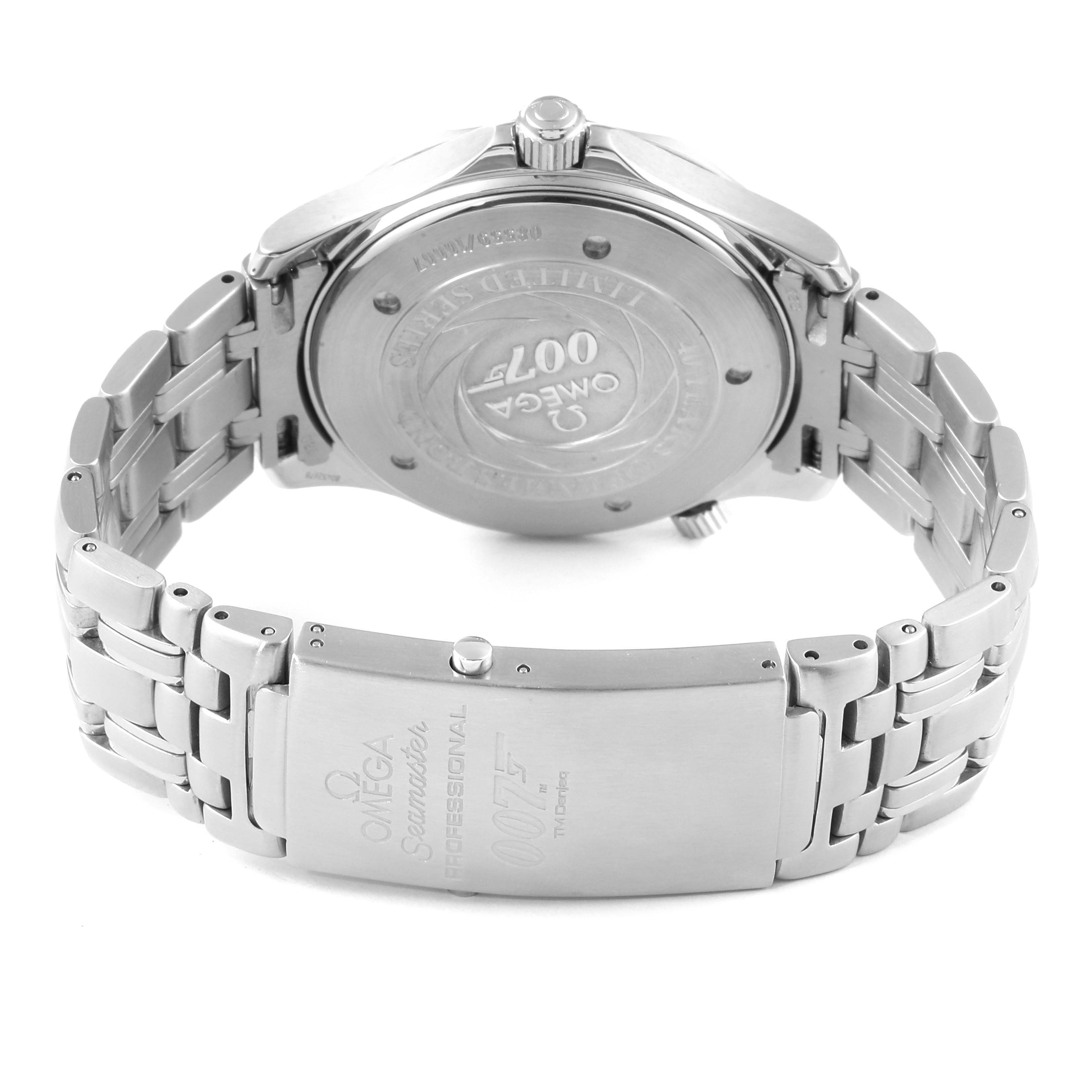 The image shows the back case and bracelet of the Omega Seamaster 2537.80.00 Men
s Stainless Steel Blue Dial 2537.80.00 Men
s Stainless Steel Blue Dial watch, featuring "007" and "Limited Series" engravings.