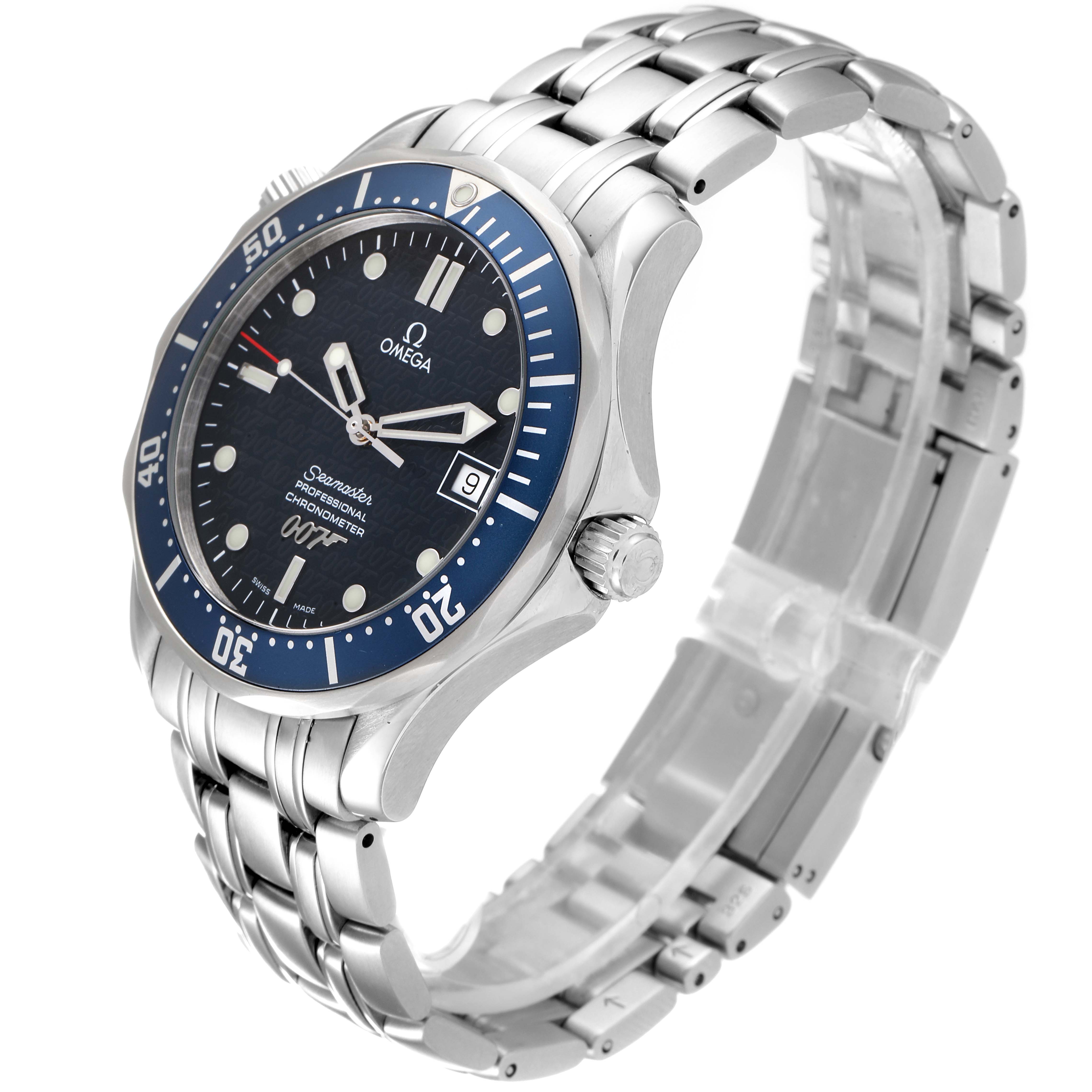 The image shows an Omega Seamaster 2537.80.00 Men
s Stainless Steel Blue Dial 2537.80.00 Men
s Stainless Steel Blue Dial watch at a three-quarter angle, highlighting the dial, bezel, crown, and metal bracelet.