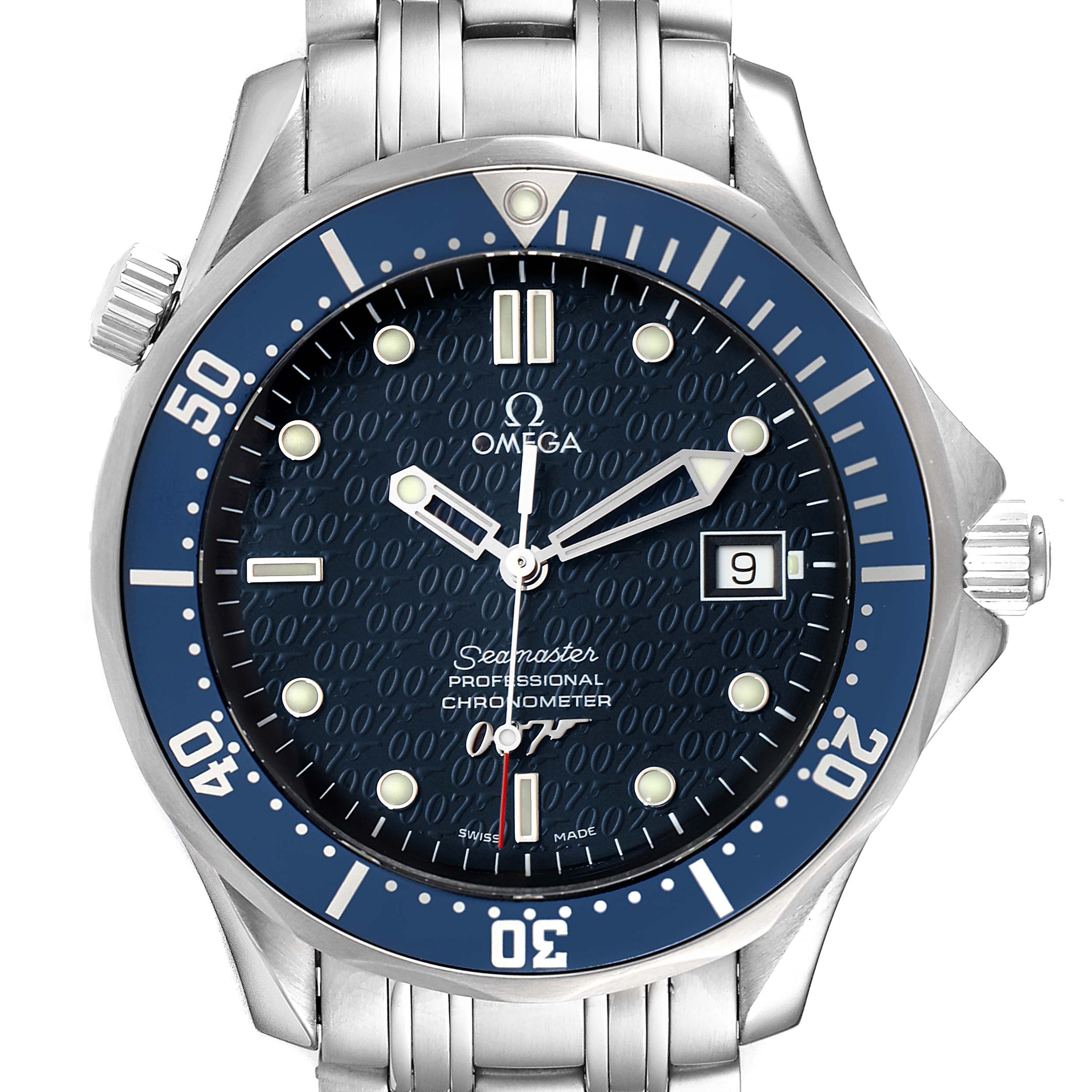 This image shows the full front view of the Omega Seamaster 2537.80.00 Men
s Stainless Steel Blue Dial 2537.80.00 Men
s Stainless Steel Blue Dial watch, including its face, bezel, and part of the metal bracelet.