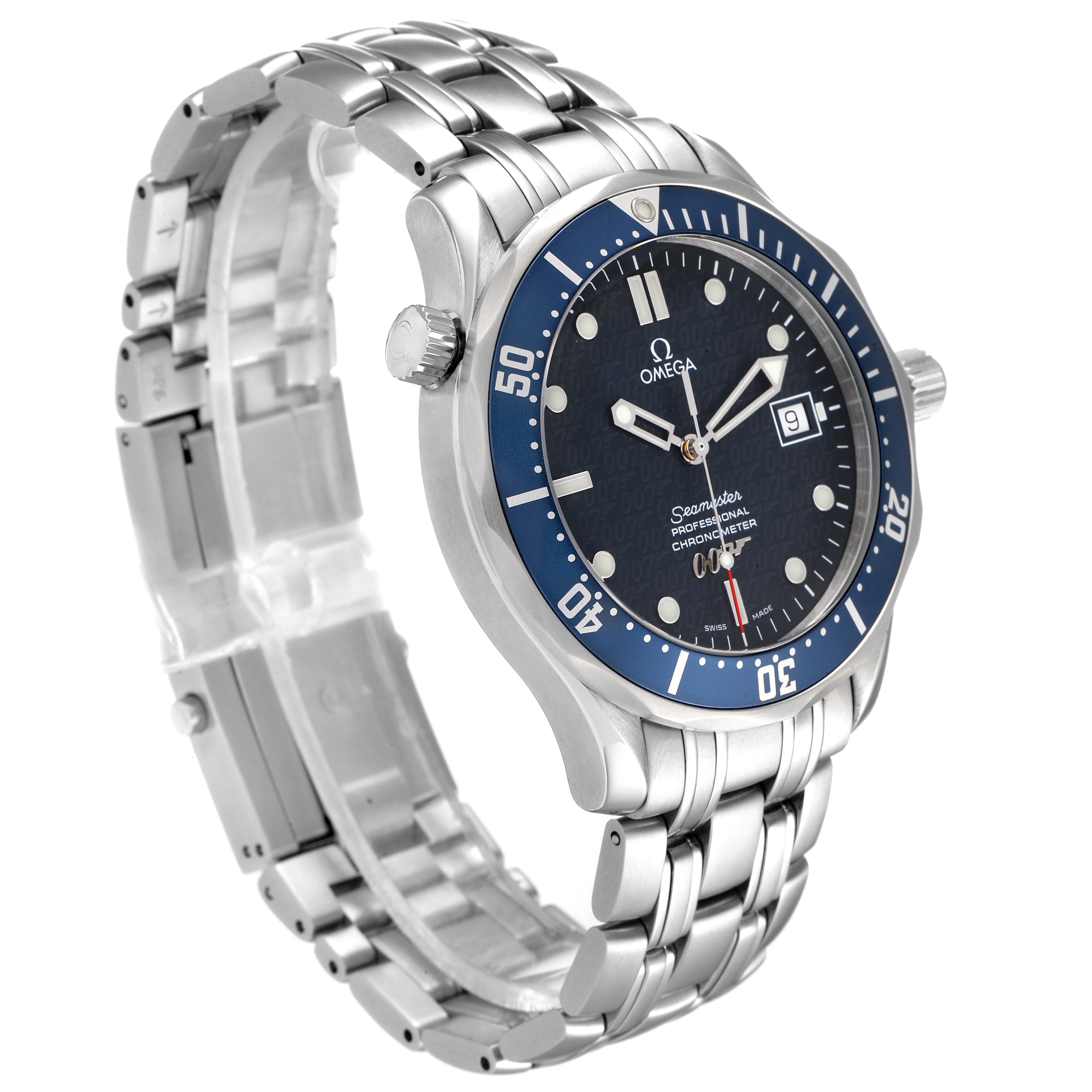 The image shows an angled side view of the Omega Seamaster 2537.80.00 Men
s Stainless Steel Blue Dial 2537.80.00 Men
s Stainless Steel Blue Dial watch, highlighting its dial, bezel, bracelet, and clasp.