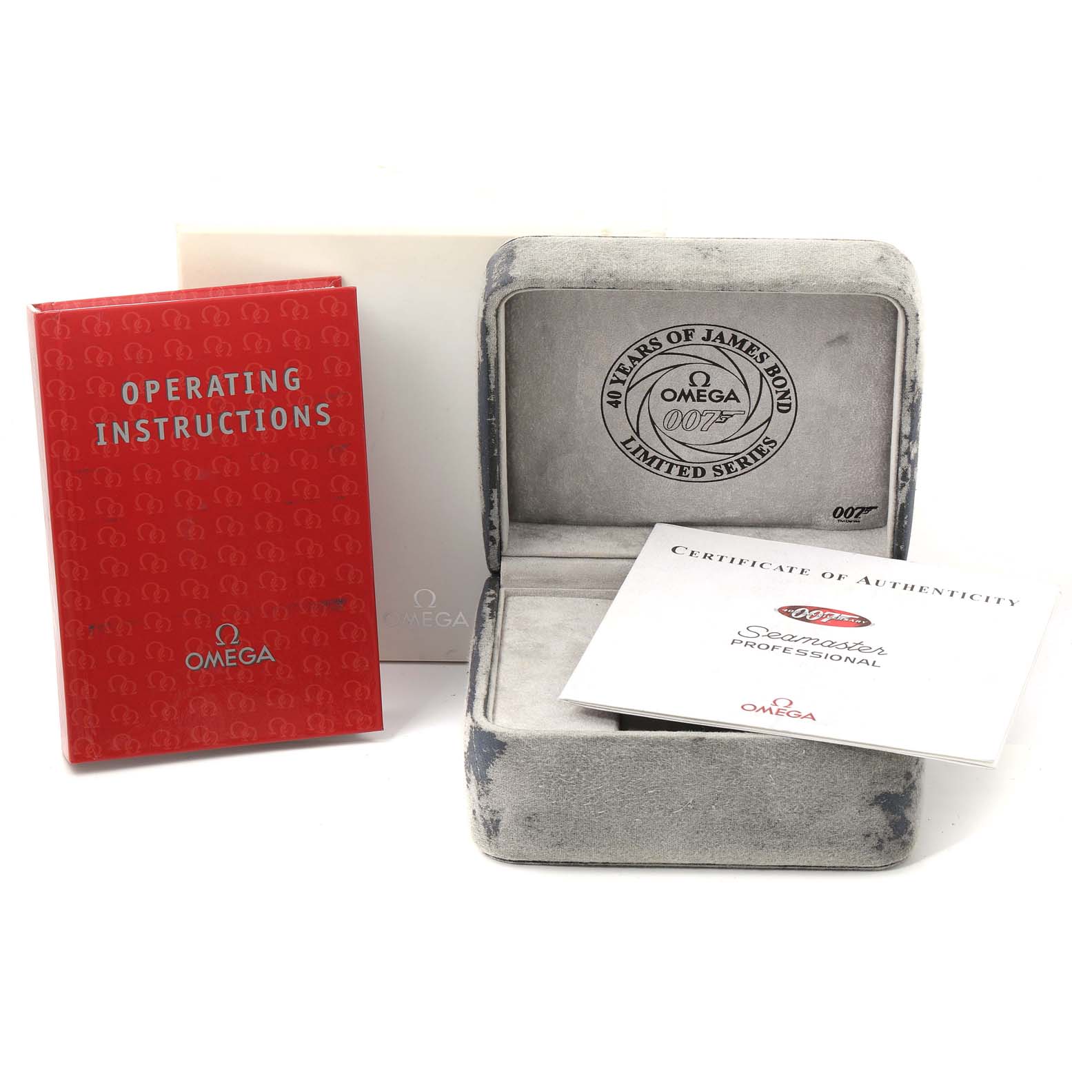 The image shows the box, operating instructions, and certificate of Best Quality
ity for the Omega Seamaster 2537.80.00 Men
s Stainless Steel Blue Dial 2537.80.00 Men
s Stainless Steel Blue Dial watch.