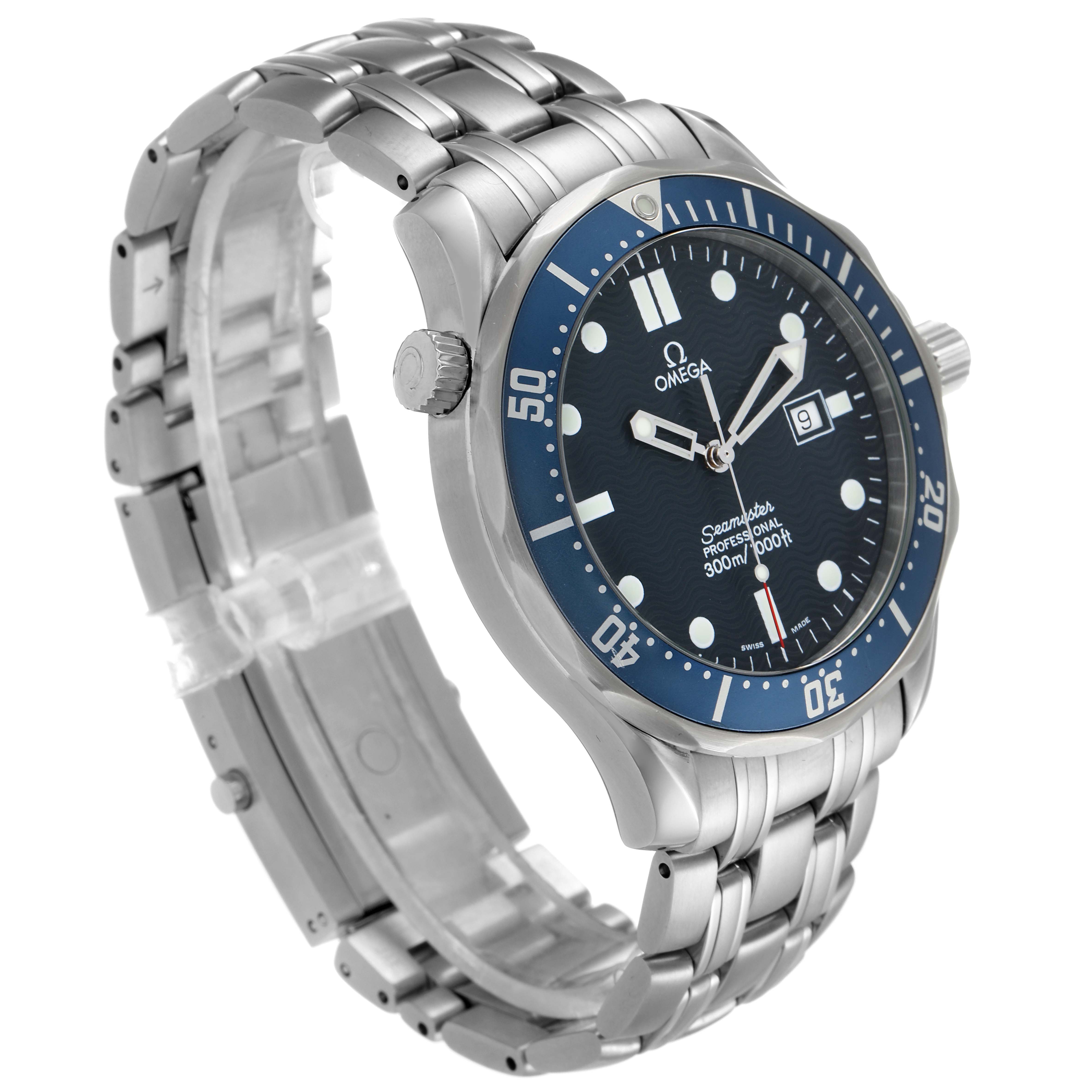 The Omega Seamaster 2541.80.00 Men
s Stainless Steel Blue Dial 2541.80.00 Men
s Stainless Steel Blue Dial watch is shown from a 3/4 angle, displaying its bezel, dial, bracelet, and crown.