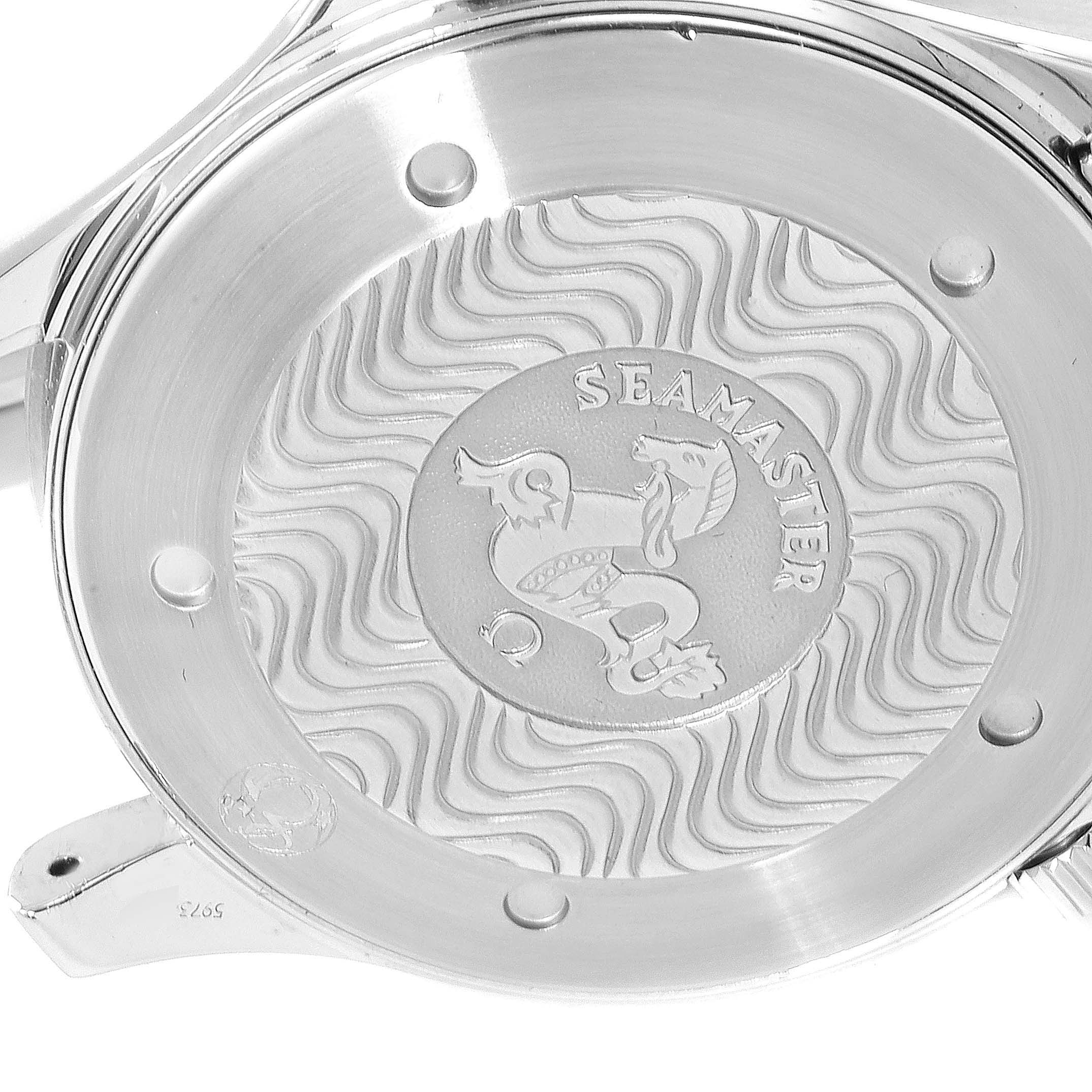 The image shows the back case of the Omega Seamaster 2541.80.00 Men
s Stainless Steel Blue Dial 2541.80.00 Men
s Stainless Steel Blue Dial watch, featuring a wavy pattern and the Seamaster logo.