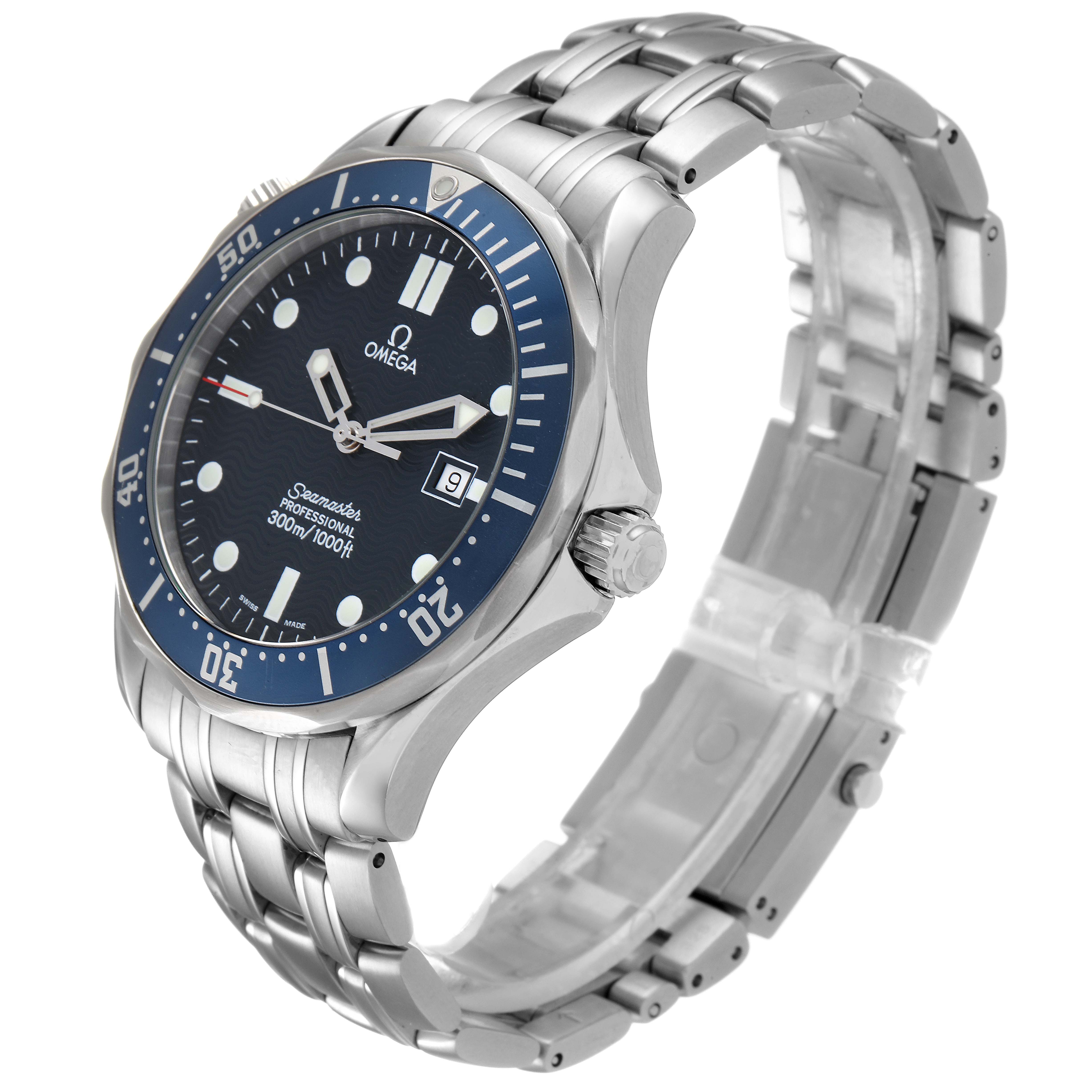 The Omega Seamaster 2541.80.00 Men
s Stainless Steel Blue Dial 2541.80.00 Men
s Stainless Steel Blue Dial watch is shown at an angle highlighting the face, bezel, crown, and stainless steel bracelet.