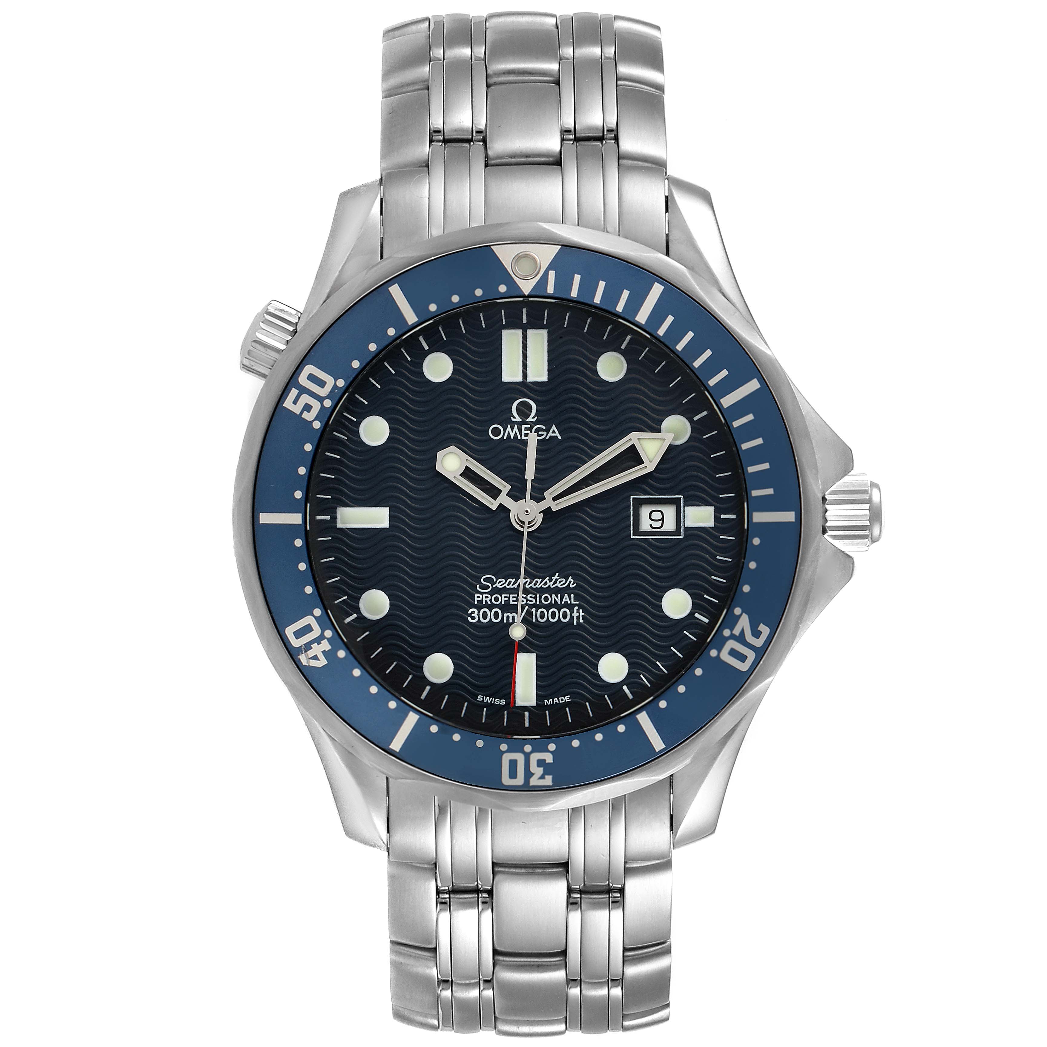 This is a front view of an Omega Seamaster 2541.80.00 Men
s Stainless Steel Blue Dial 2541.80.00 Men
s Stainless Steel Blue Dial watch, showcasing its dial, bezel, bracelet, and crown.