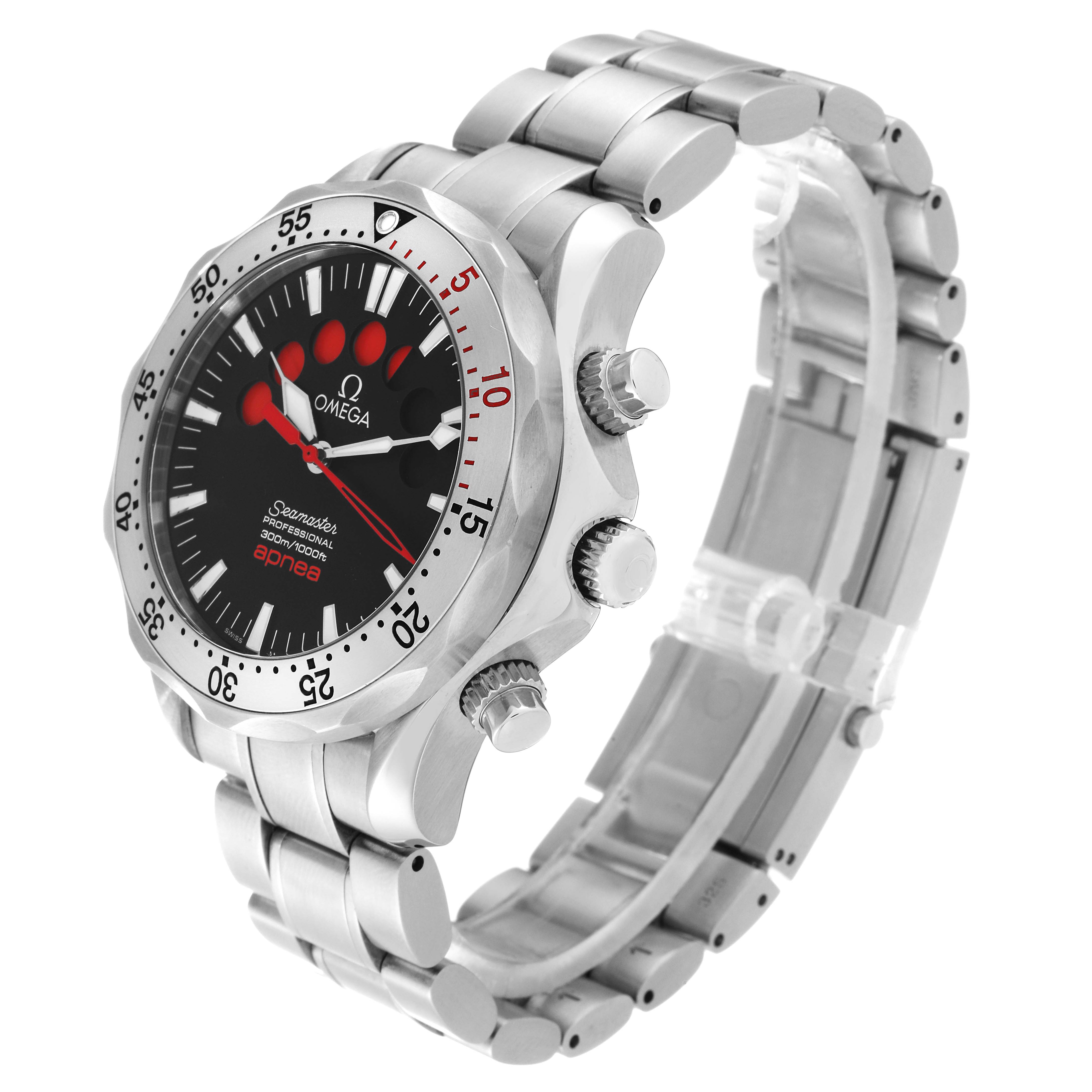 The image shows an Omega Seamaster 2595.50.00 Men's Stainless Steel Black Dial 2595.50.00 Men's Stainless Steel Black Dial watch from a three-quarter view, highlighting the face, bezel, crown, and stainless steel bracelet.