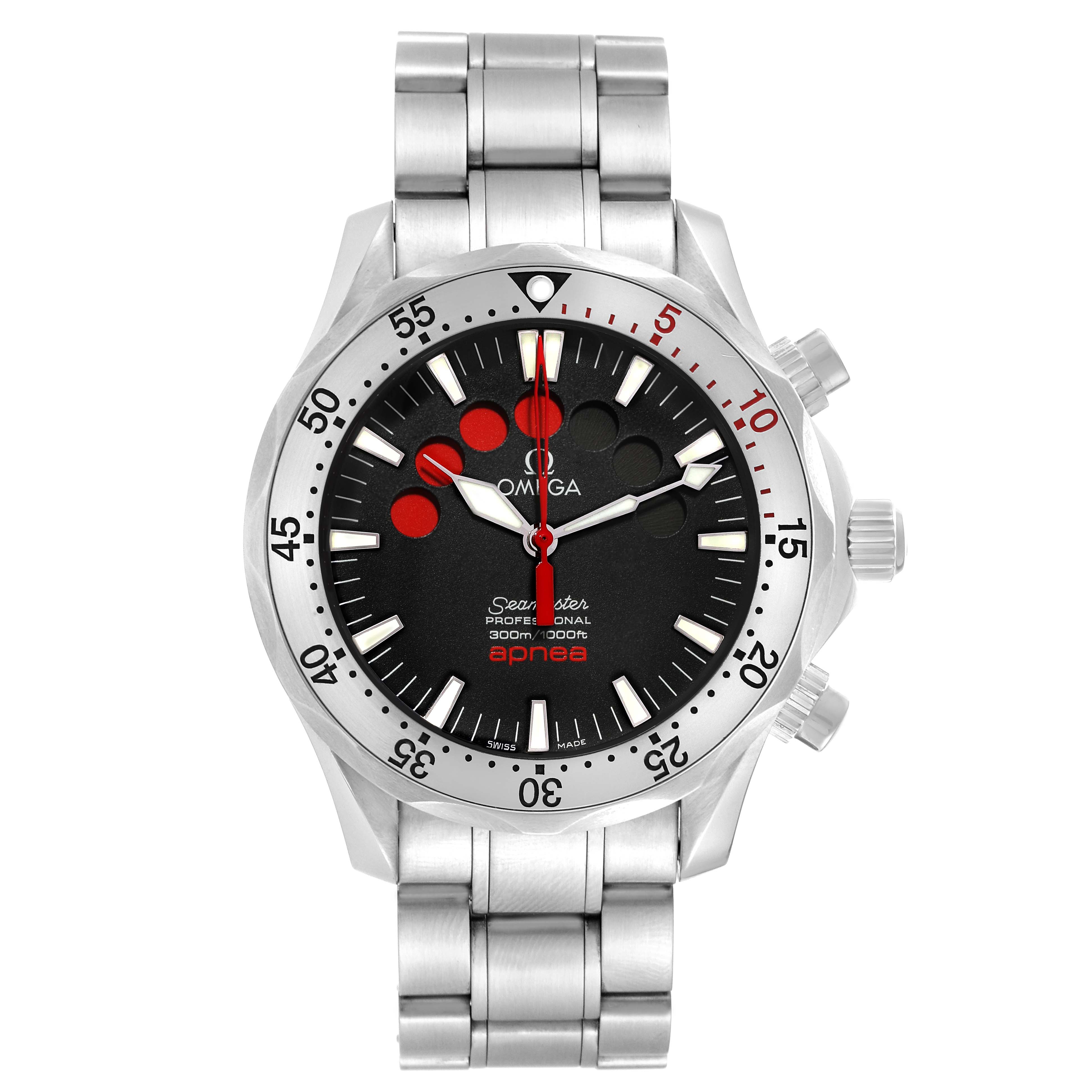 The image shows a front view of an Omega Seamaster 2595.50.00 Men's Stainless Steel Black Dial 2595.50.00 Men's Stainless Steel Black Dial watch, displaying the face, bezel, and steel bracelet.