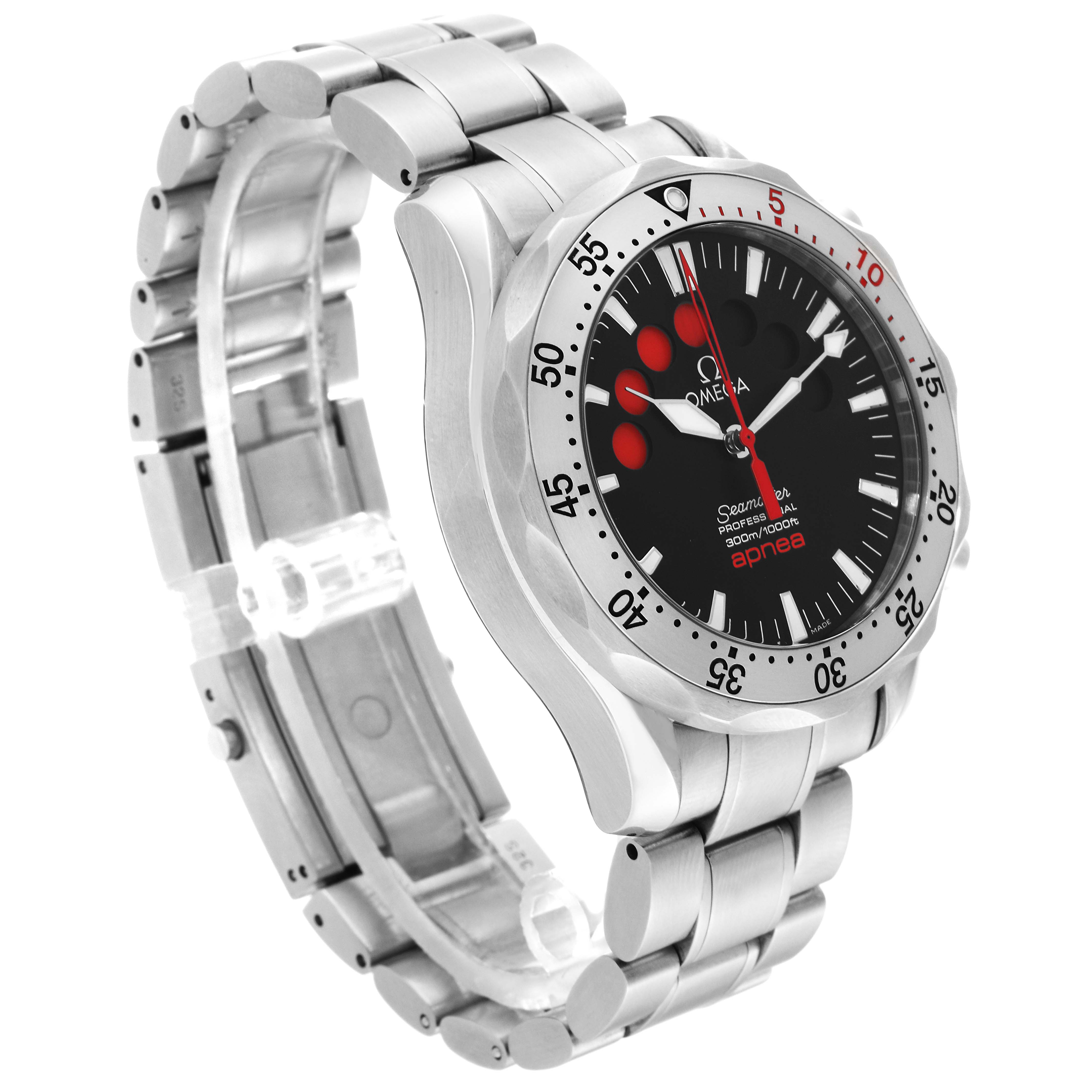 The Omega Seamaster 2595.50.00 Men's Stainless Steel Black Dial 2595.50.00 Men's Stainless Steel Black Dial watch is shown from an angled side view, highlighting its strap, casing, and face details.