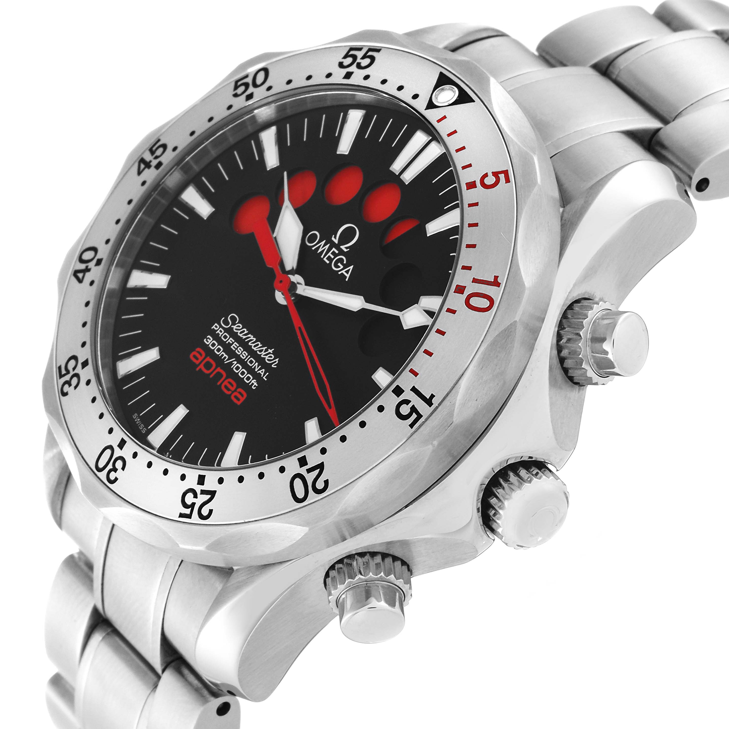 The image shows a close-up of the Omega Seamaster 2595.50.00 Men's Stainless Steel Black Dial 2595.50.00 Men's Stainless Steel Black Dial watch, highlighting the dial, bezel, and two control knobs.