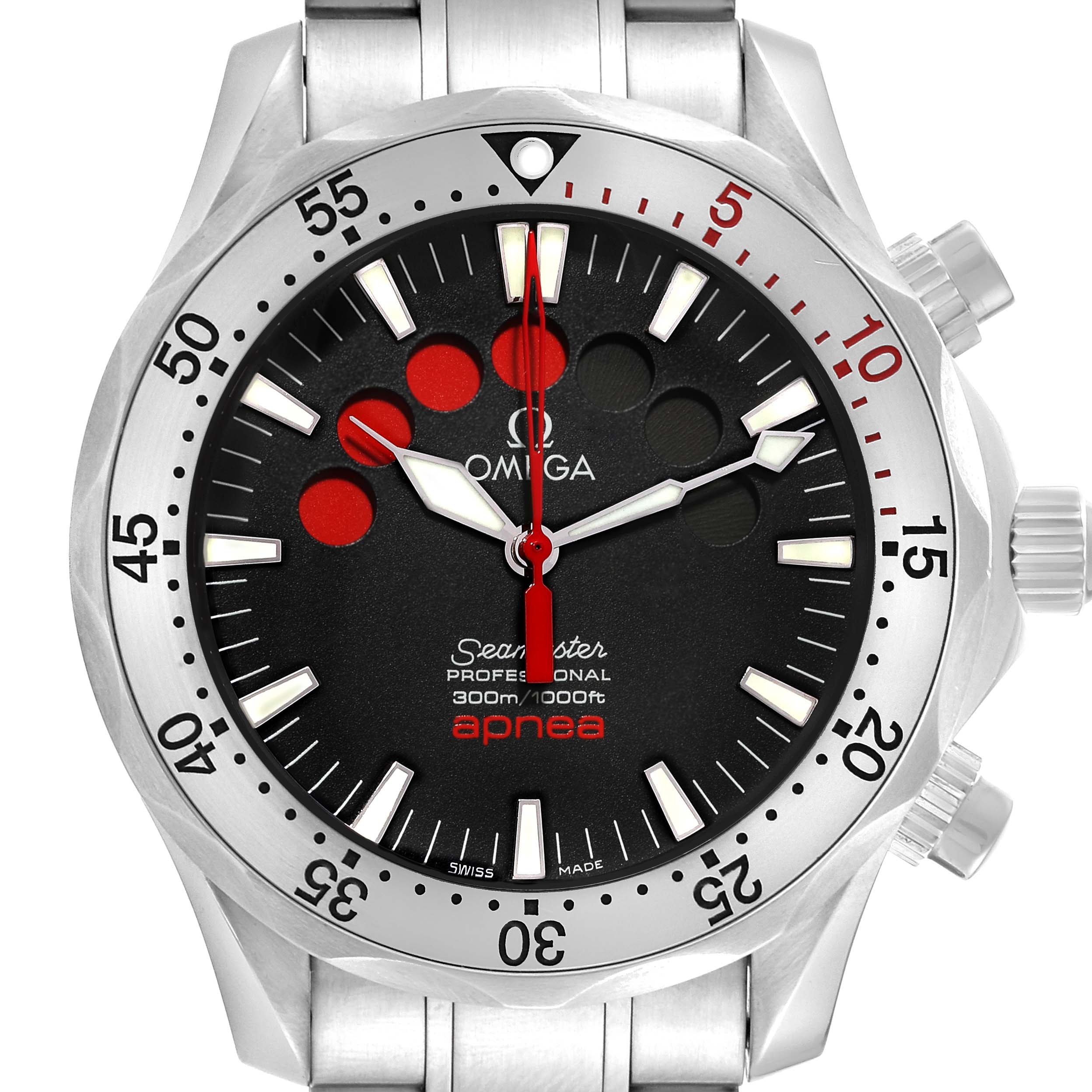 This close-up image shows the face and bezel of an Omega Seamaster 2595.50.00 Men's Stainless Steel Black Dial 2595.50.00 Men's Stainless Steel Black Dial Apnea watch, highlighting the dial and pushers.