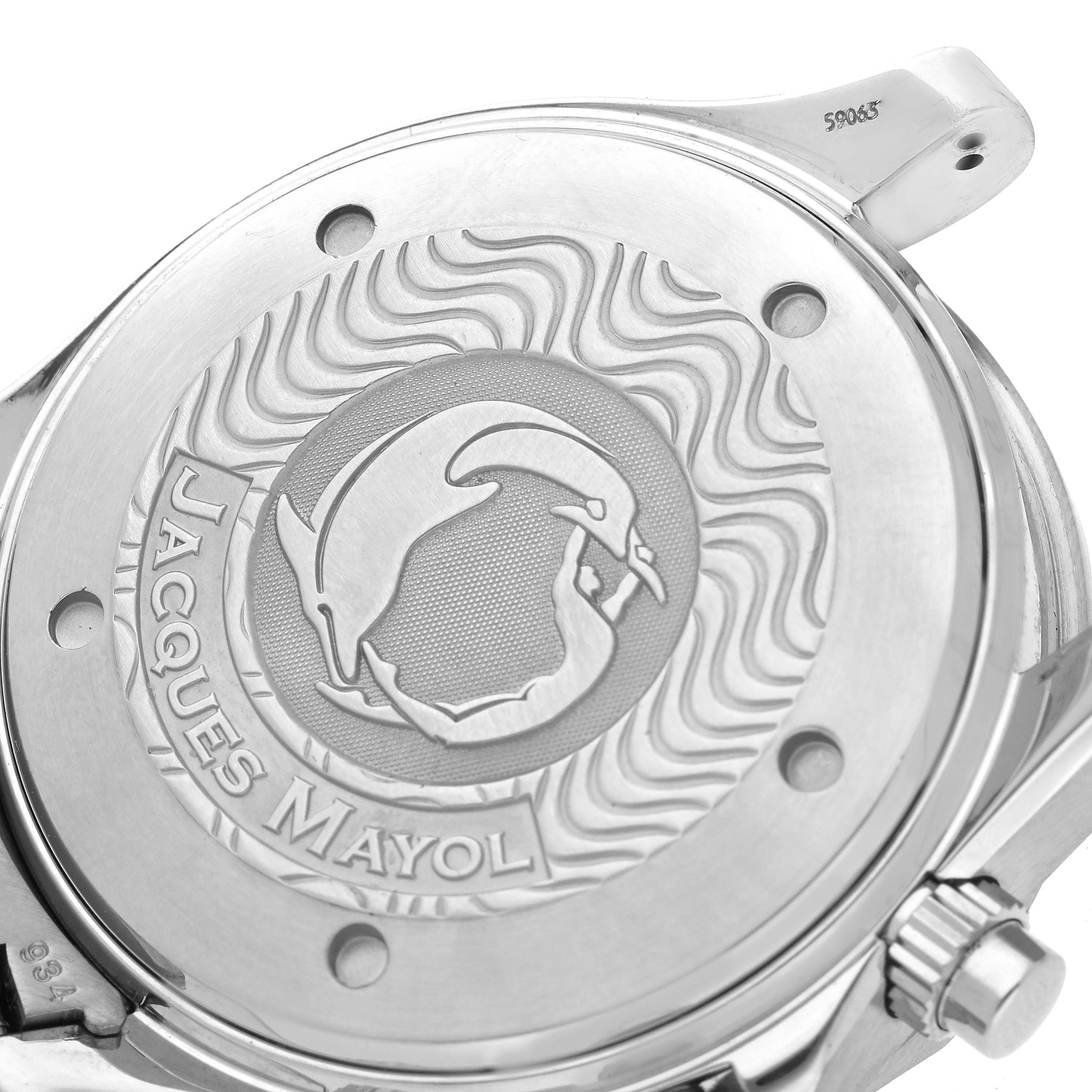 The image shows the engraved case back and crown of the Omega Seamaster 2595.50.00 Men's Stainless Steel Black Dial 2595.50.00 Men's Stainless Steel Black Dial Jacques Mayol edition watch.