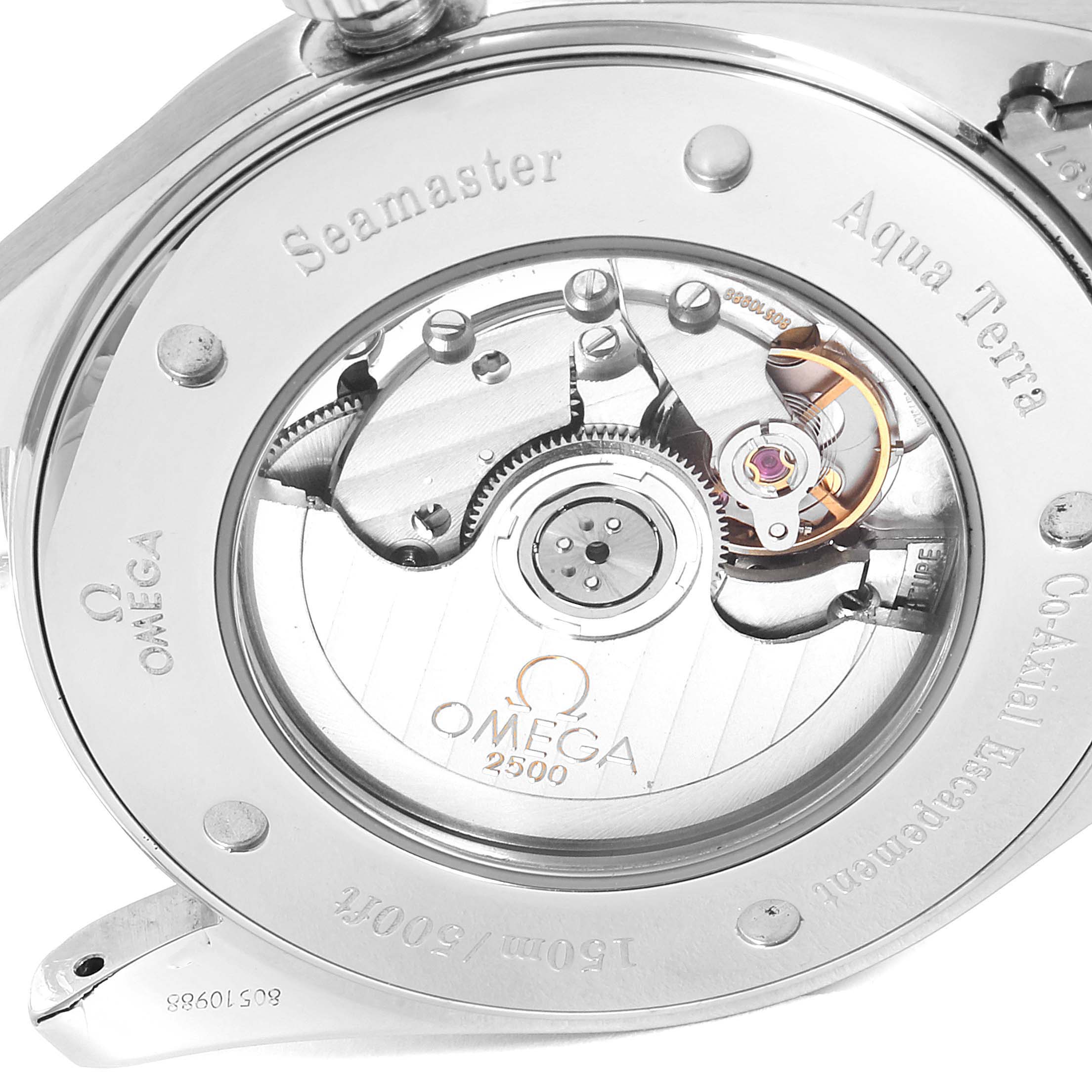 Photo shows the back view of the Omega Aqua Terra 2502.33.00 Men's Stainless Steel White Dial 2502.33.00 Men's Stainless Steel White Dial watch, highlighting the movement and internal mechanism.