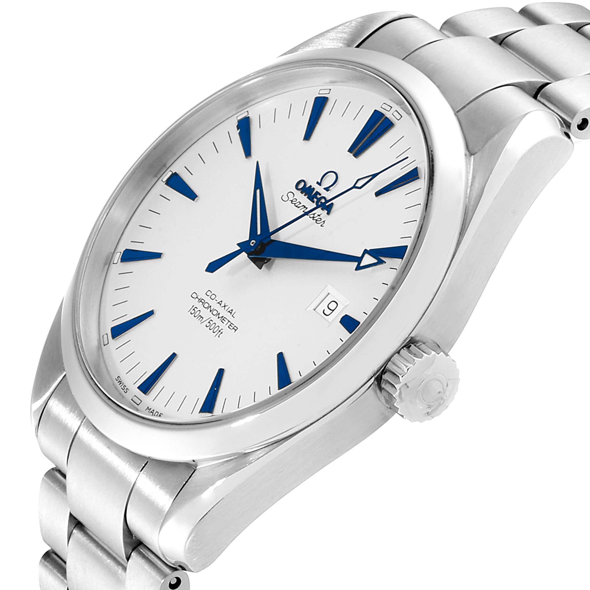 The image shows the Omega Aqua Terra 2502.33.00 Men's Stainless Steel White Dial 2502.33.00 Men's Stainless Steel White Dial watch, focusing on the face, crown, and bracelet from an angled view.