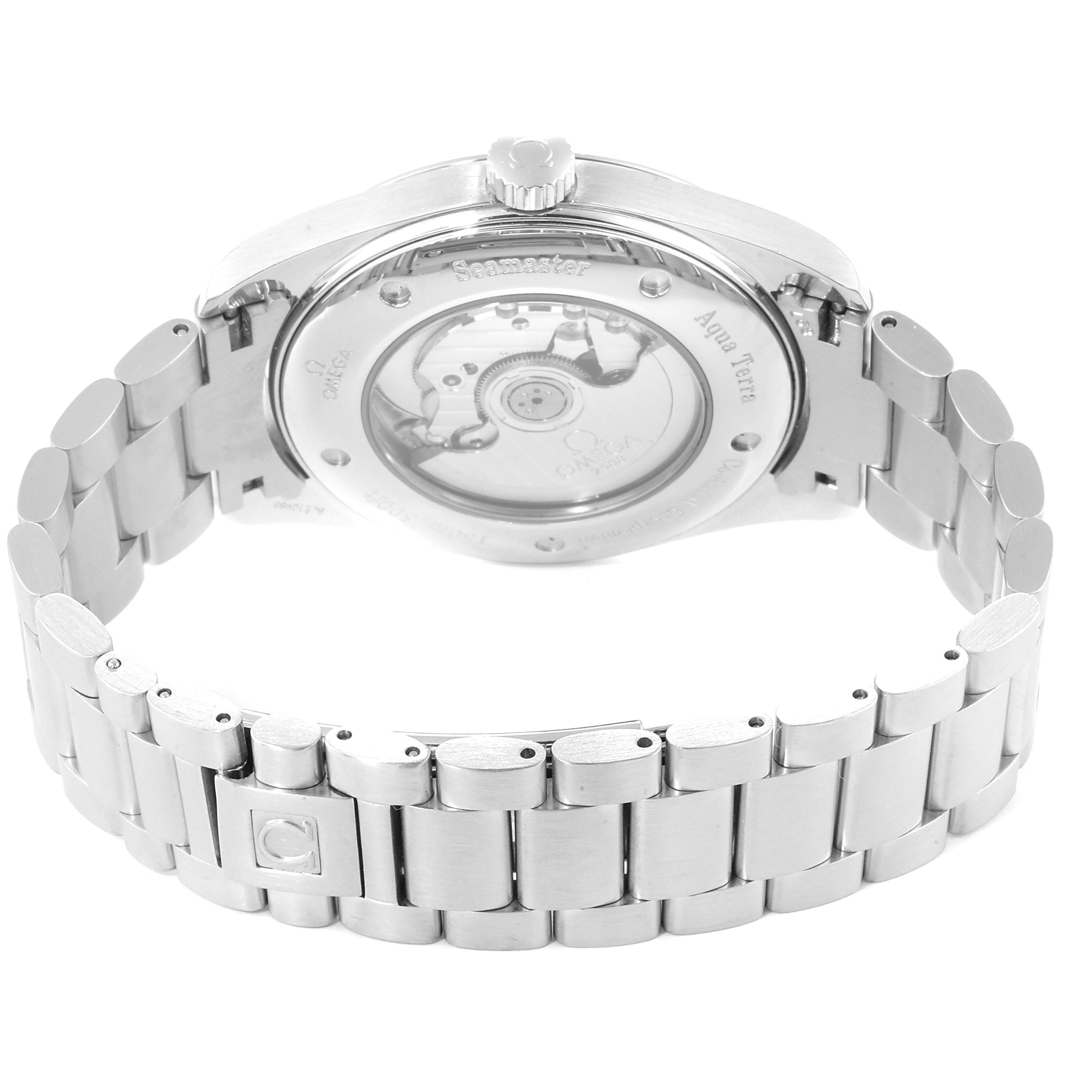 This is the back view of the Omega Aqua Terra 2502.33.00 Men's Stainless Steel White Dial 2502.33.00 Men's Stainless Steel White Dial watch, showing the stainless steel bracelet and transparent case back.