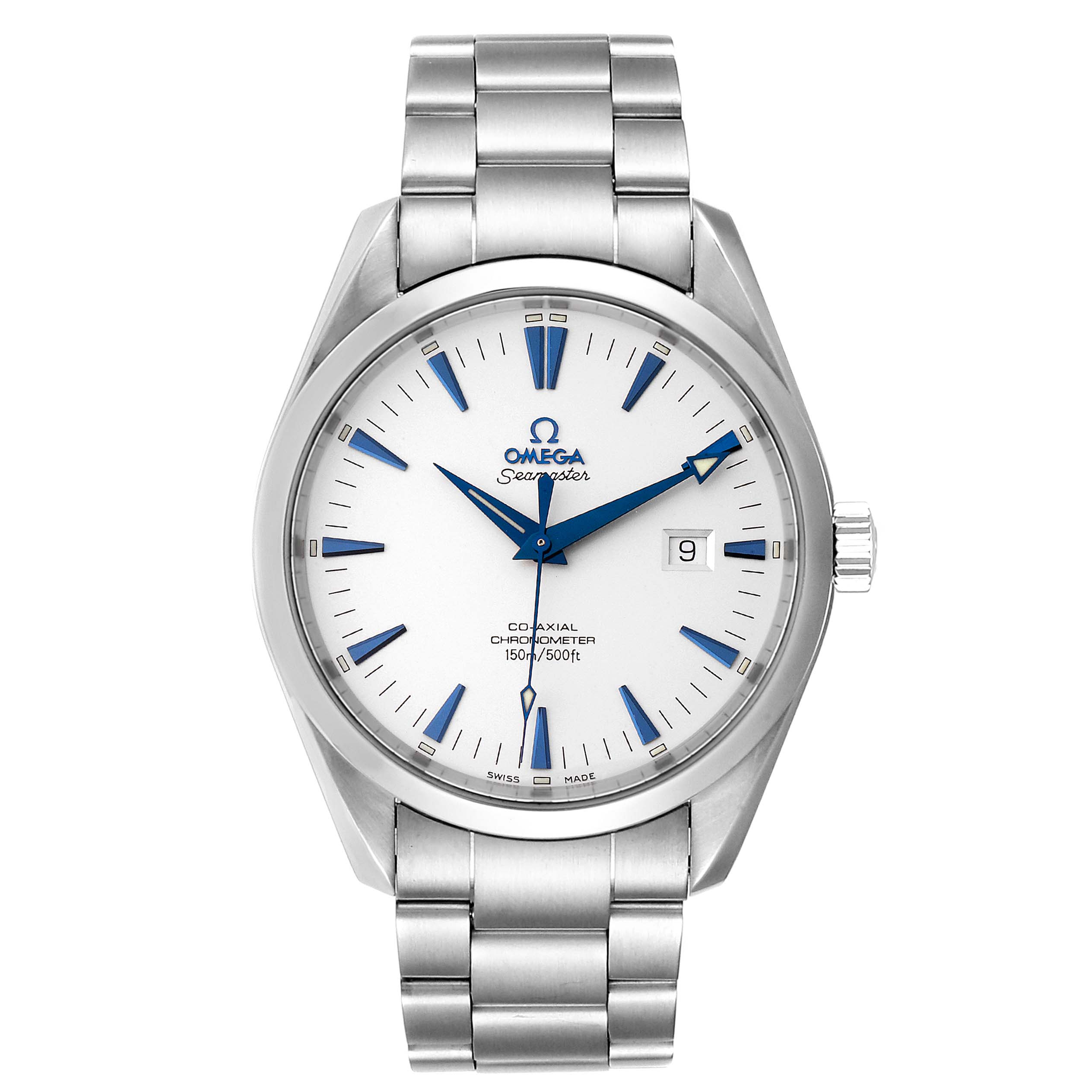 The Aqua Terra model by Omega is shown at a front angle, displaying its face, hands, markers, date window, and bracelet.