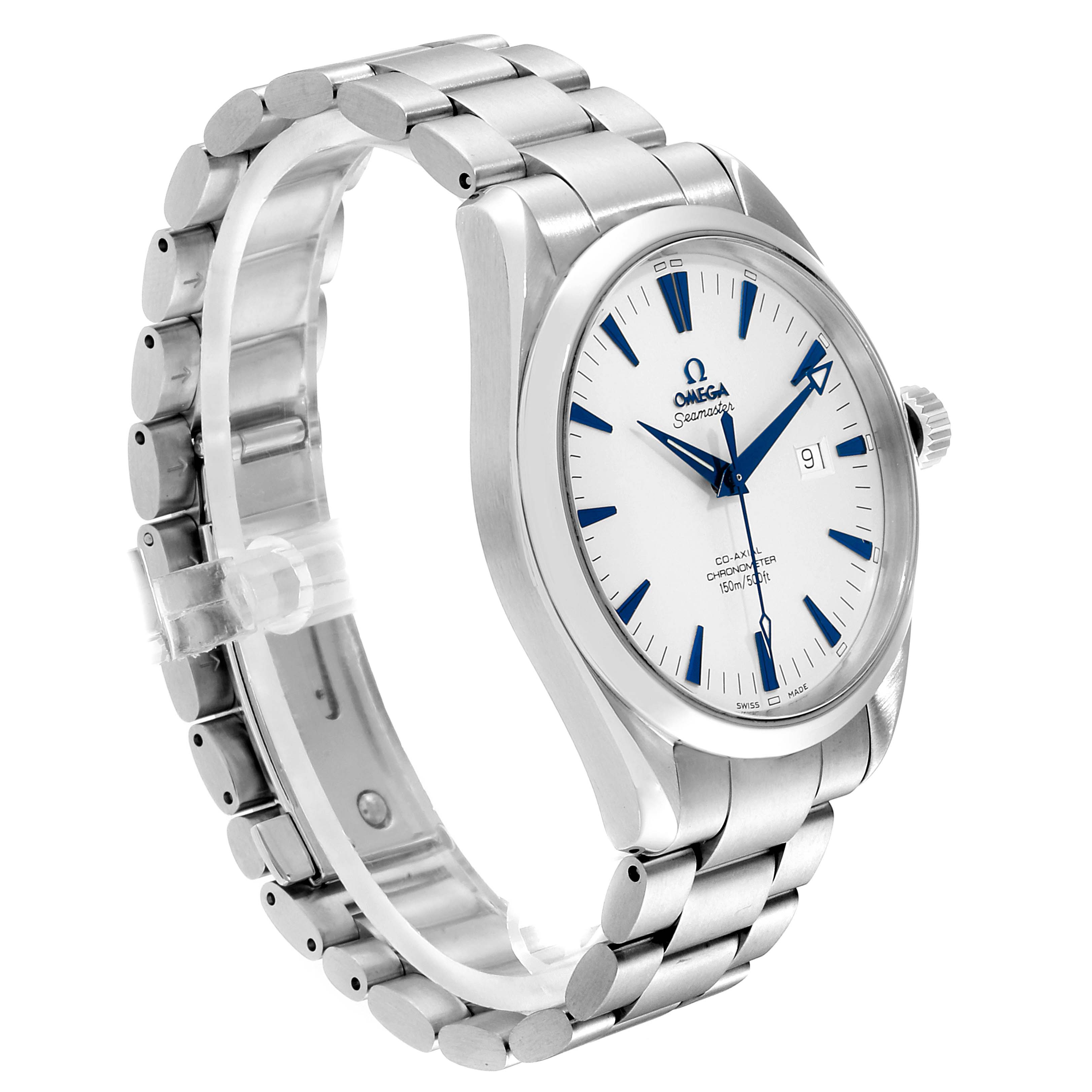 The Omega Aqua Terra 2502.33.00 Men's Stainless Steel White Dial 2502.33.00 Men's Stainless Steel White Dial watch is shown at a 3/4 angle, displaying its face, bracelet, and crown.