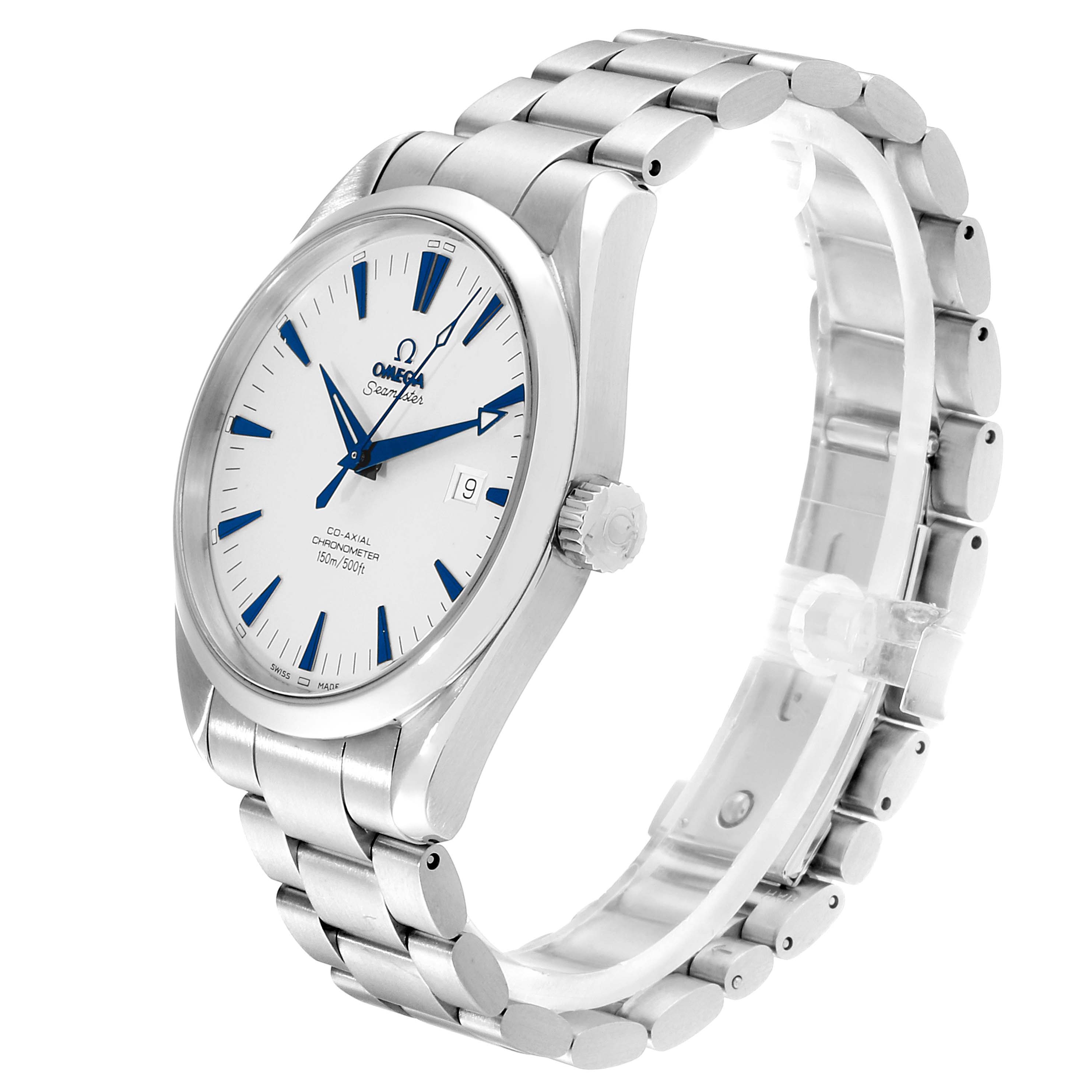 This Omega Aqua Terra 2502.33.00 Men's Stainless Steel White Dial 2502.33.00 Men's Stainless Steel White Dial watch is shown from a three-quarter angle, highlighting the face, crown, and bracelet.