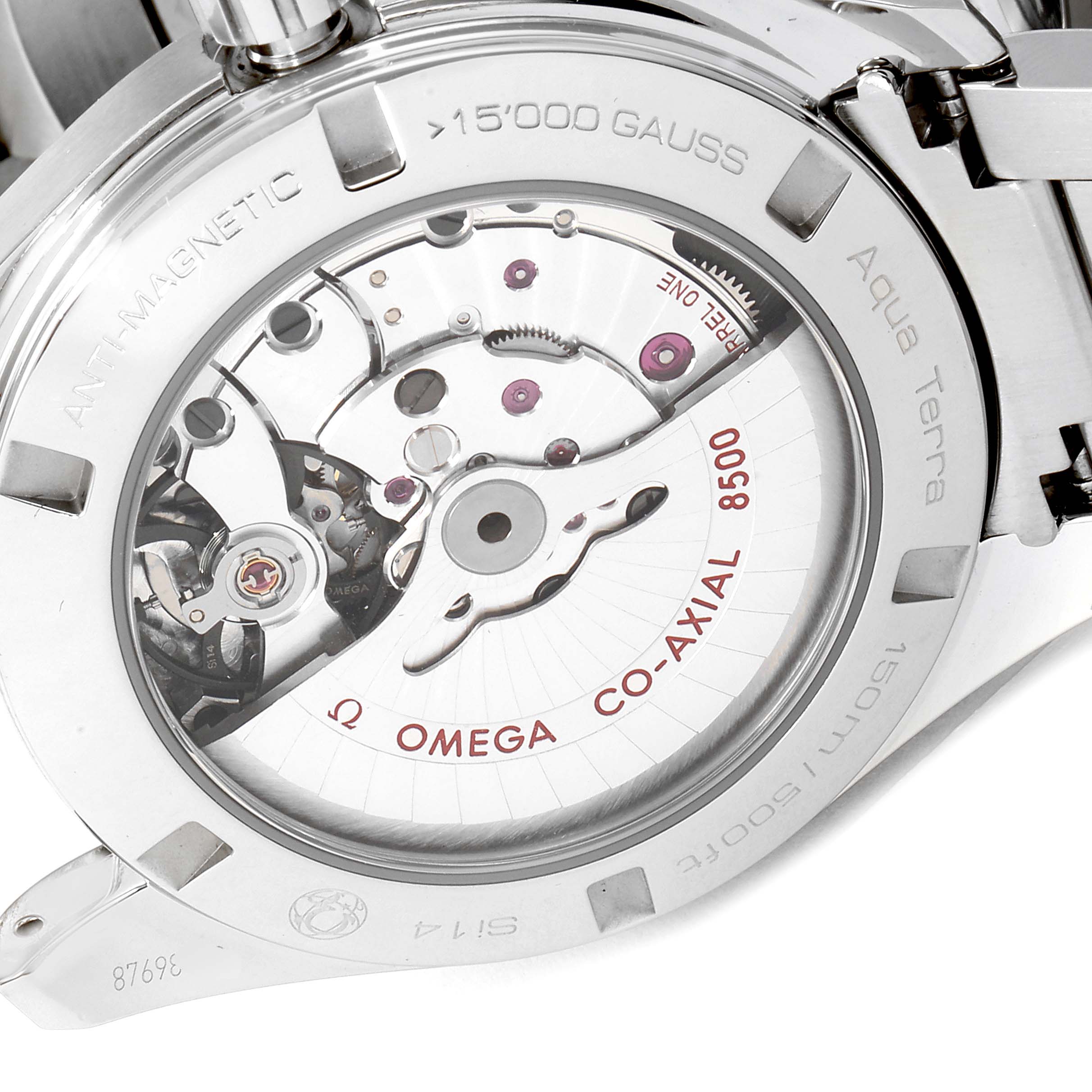 The image shows the back view of an Omega Aqua Terra 231.10.42.21.03.003 Men
s Stainless Steel Blue Dial 231.10.42.21.03.003 Men
s Stainless Steel Blue Dial watch, highlighting the Co-Axial 8500 movement.