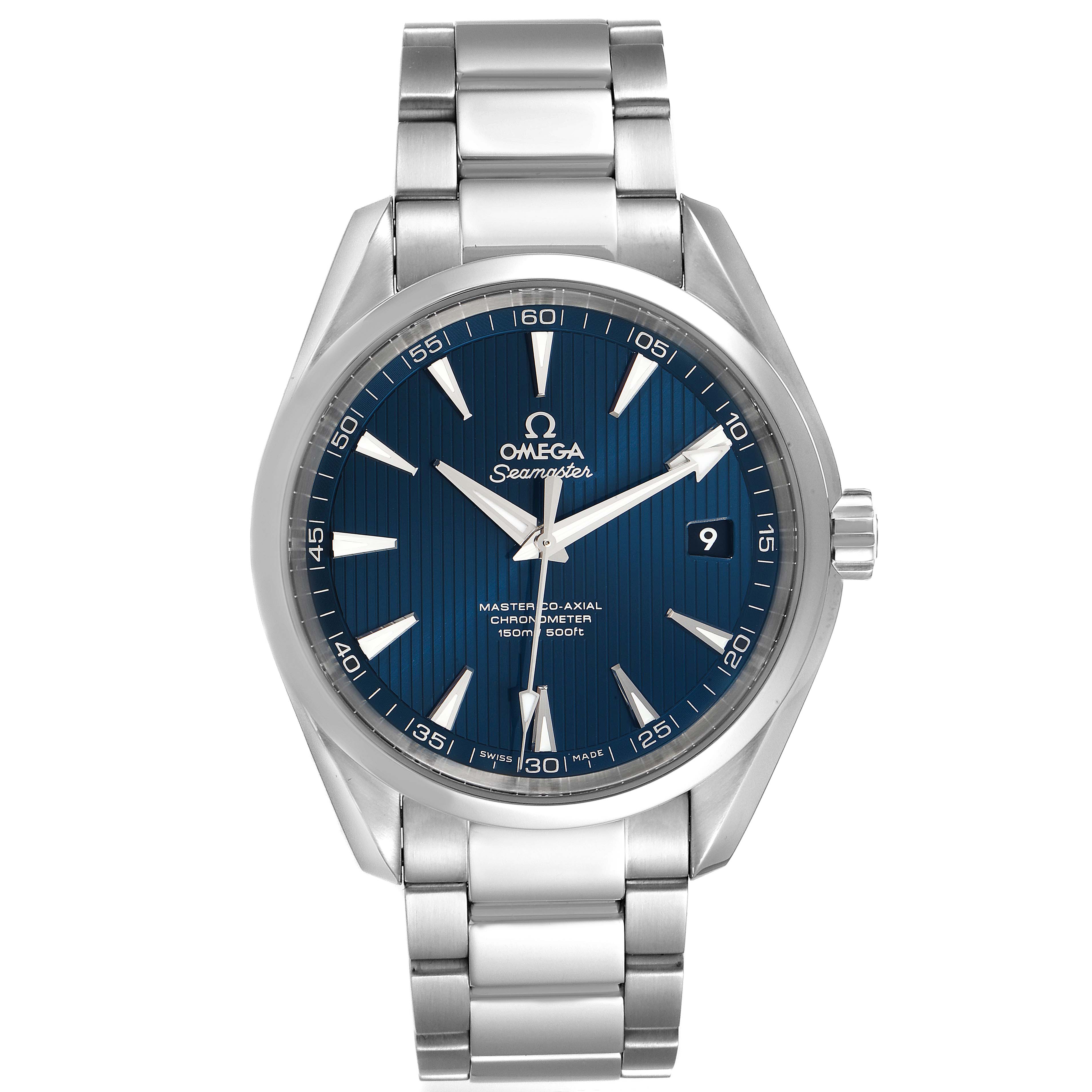 The Omega Aqua Terra 231.10.42.21.03.003 Men
s Stainless Steel Blue Dial 231.10.42.21.03.003 Men
s Stainless Steel Blue Dial watch is shown from a front angle, displaying the dial, hands, and bracelet.