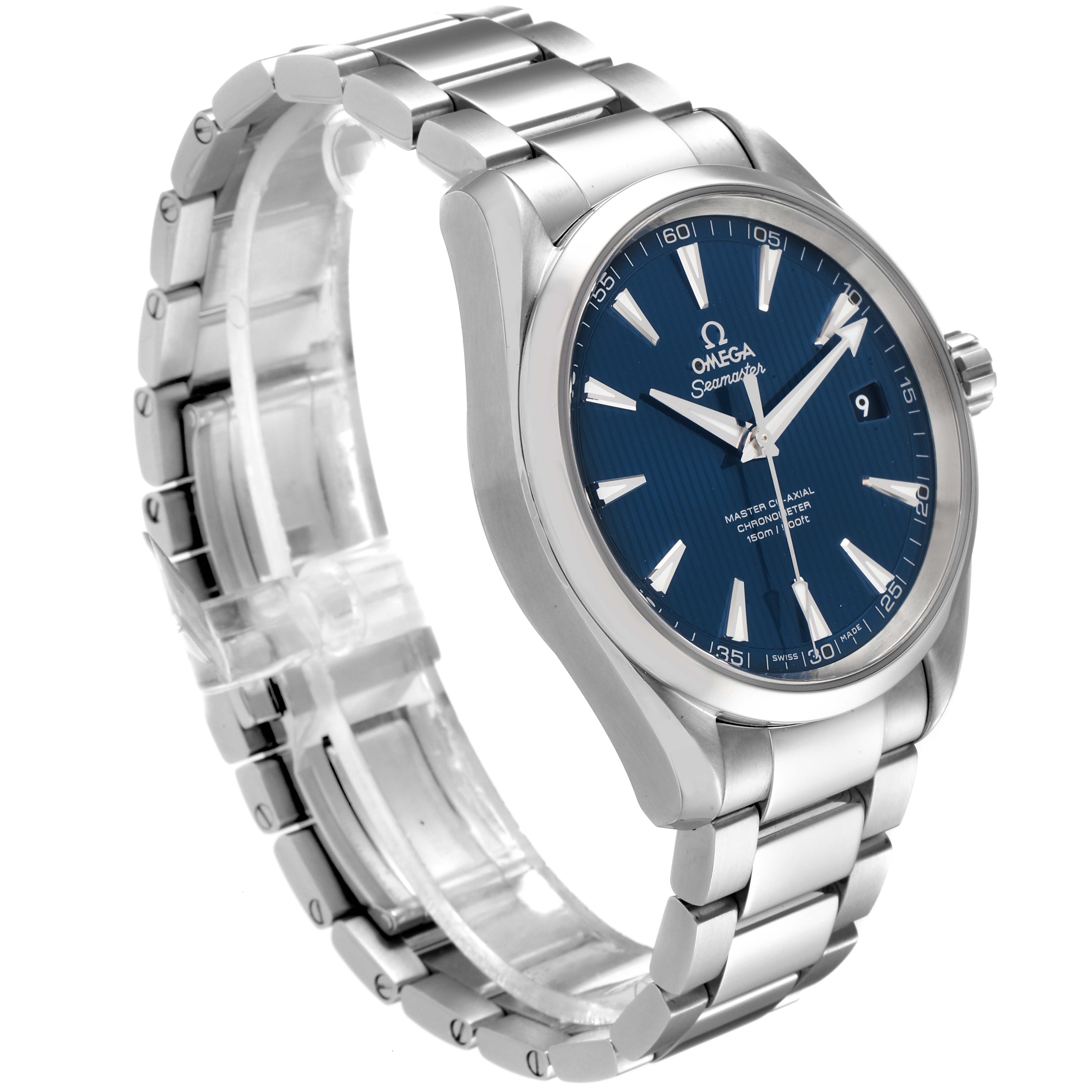 The image shows an angled view of the Omega Aqua Terra 231.10.42.21.03.003 Men
s Stainless Steel Blue Dial 231.10.42.21.03.003 Men
s Stainless Steel Blue Dial watch, highlighting the blue dial, silver case, and metal bracelet.