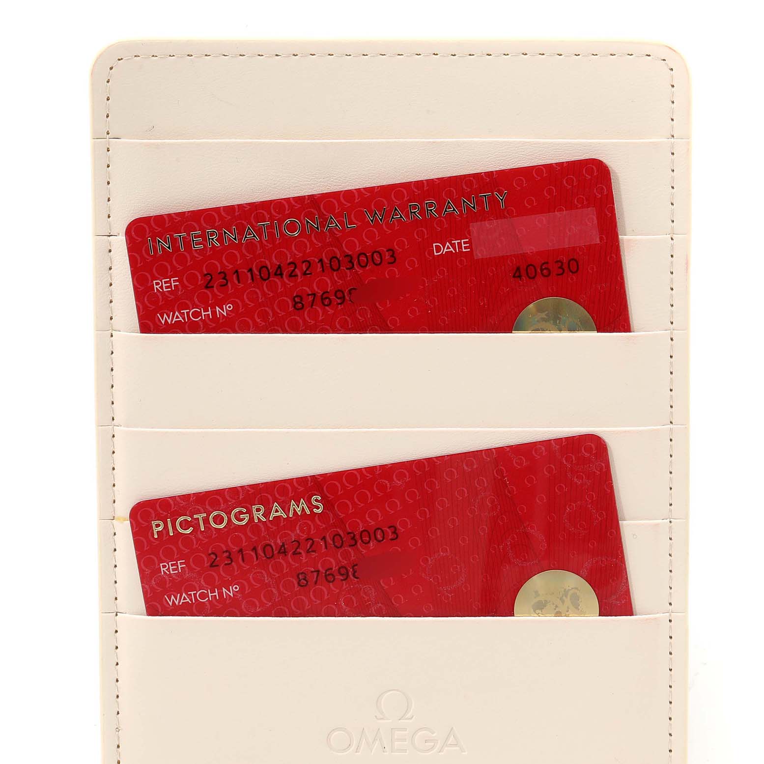 The image shows the warranty and pictogram cards for the Omega Aqua Terra 231.10.42.21.03.003 Men
s Stainless Steel Blue Dial 231.10.42.21.03.003 Men
s Stainless Steel Blue Dial model, displayed in a beige cardholder.