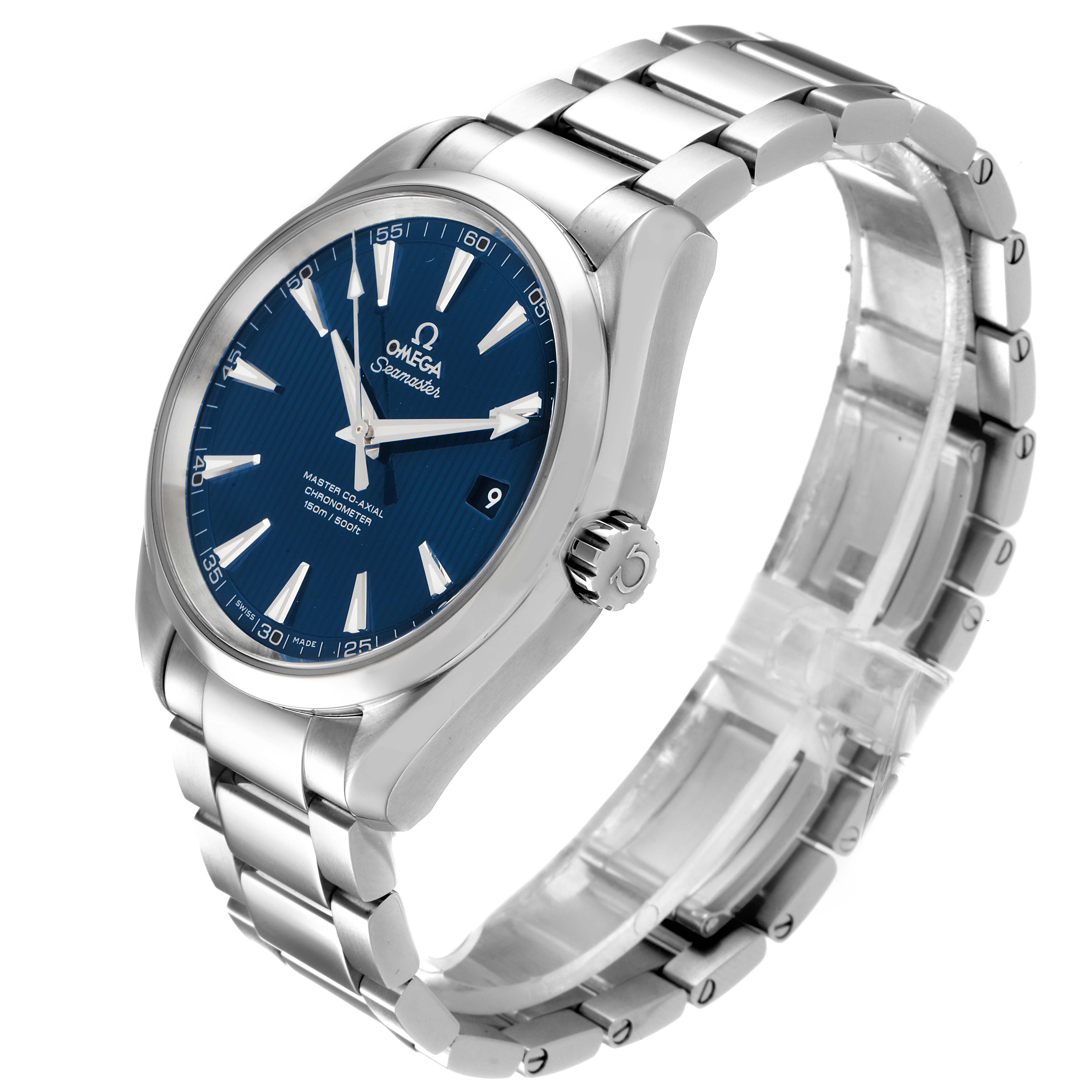 The Omega Aqua Terra 231.10.42.21.03.003 Men
s Stainless Steel Blue Dial 231.10.42.21.03.003 Men
s Stainless Steel Blue Dial watch is shown at an angled side view, highlighting the blue dial, bezel, bracelet, and crown.