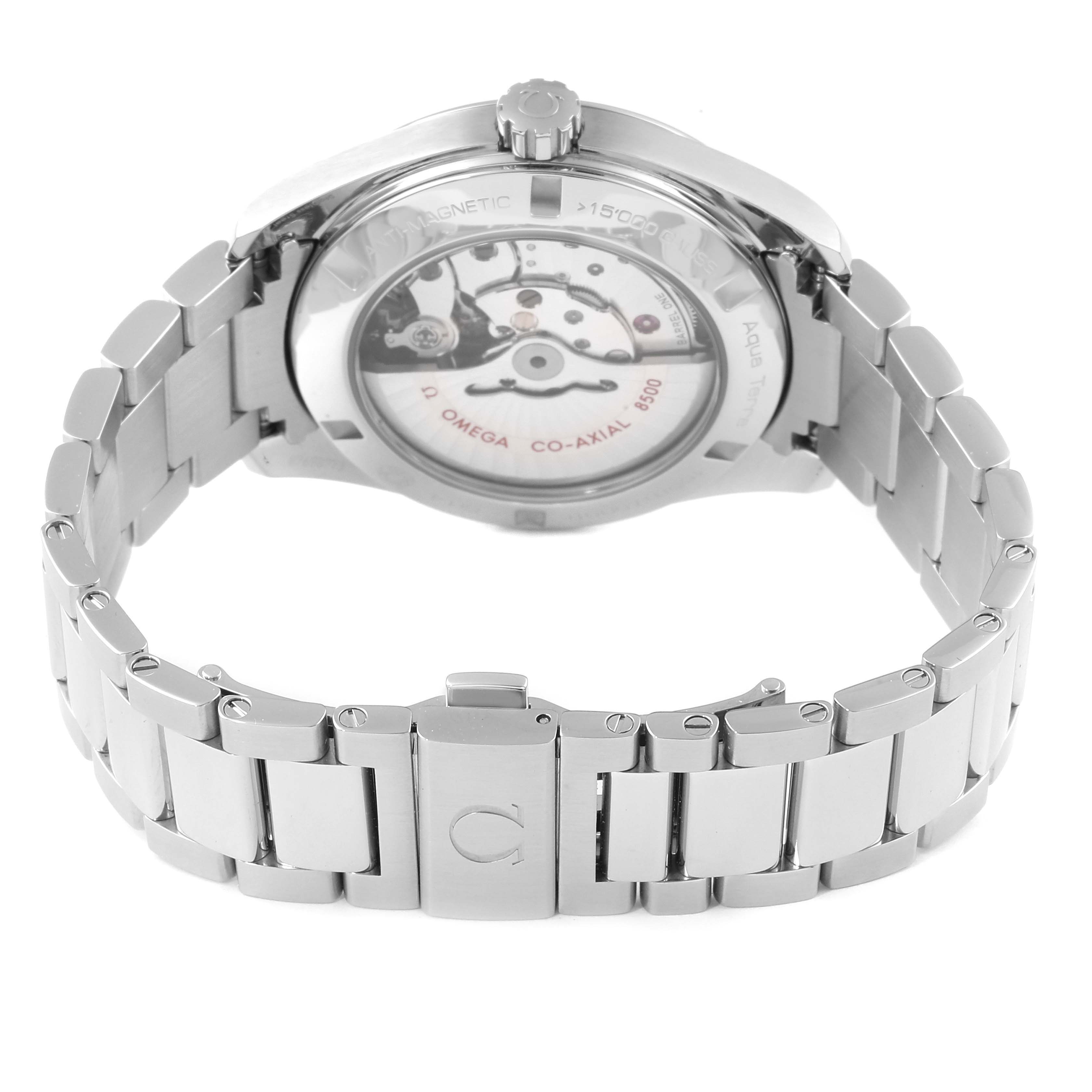 The image shows the back and bracelet of the Omega Aqua Terra 231.10.42.21.03.003 Men
s Stainless Steel Blue Dial 231.10.42.21.03.003 Men
s Stainless Steel Blue Dial watch, highlighting the open case back and clasp.