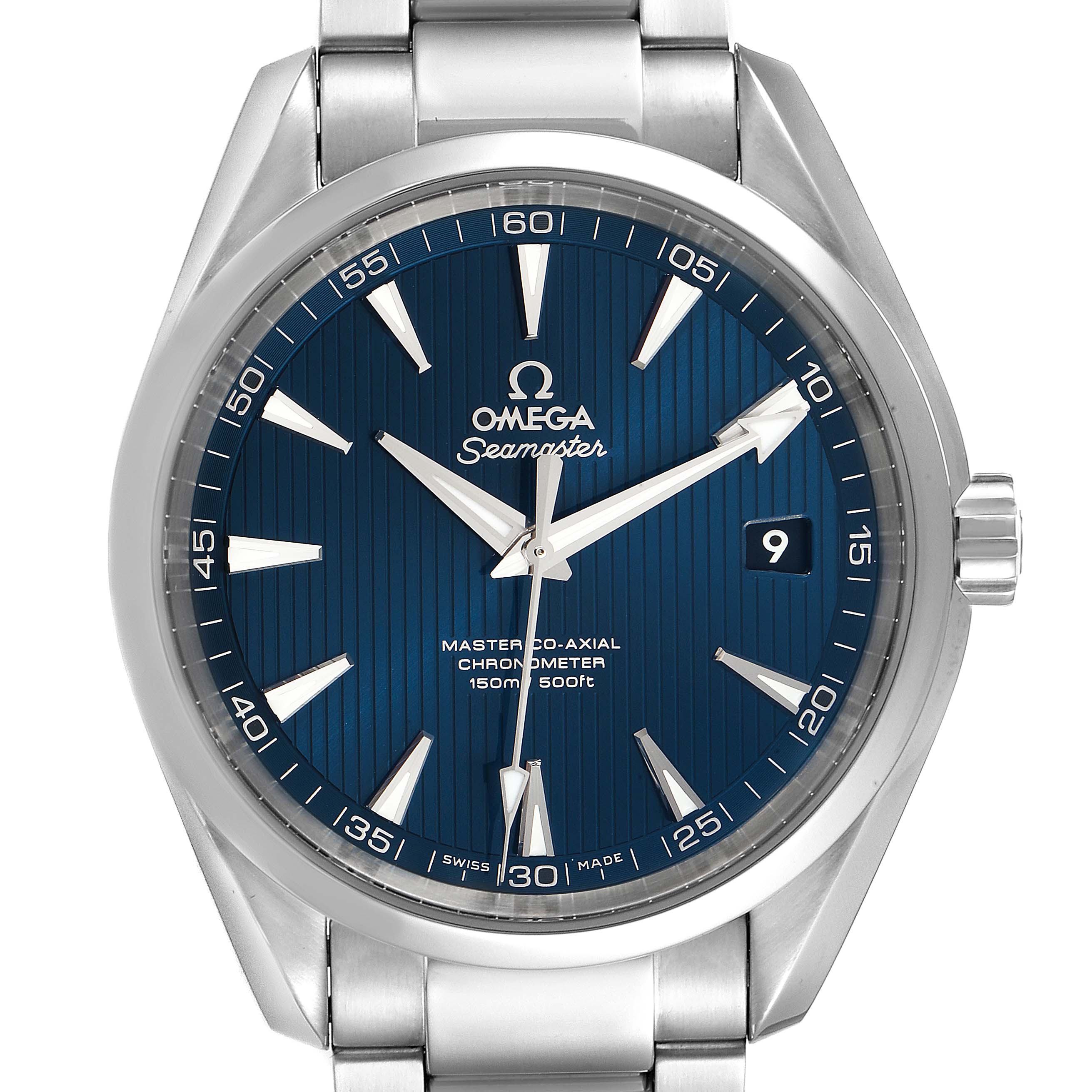 Front view of the Omega Aqua Terra 231.10.42.21.03.003 Men
s Stainless Steel Blue Dial 231.10.42.21.03.003 Men
s Stainless Steel Blue Dial watch showing the dial, hands, indices, and part of the bracelet.