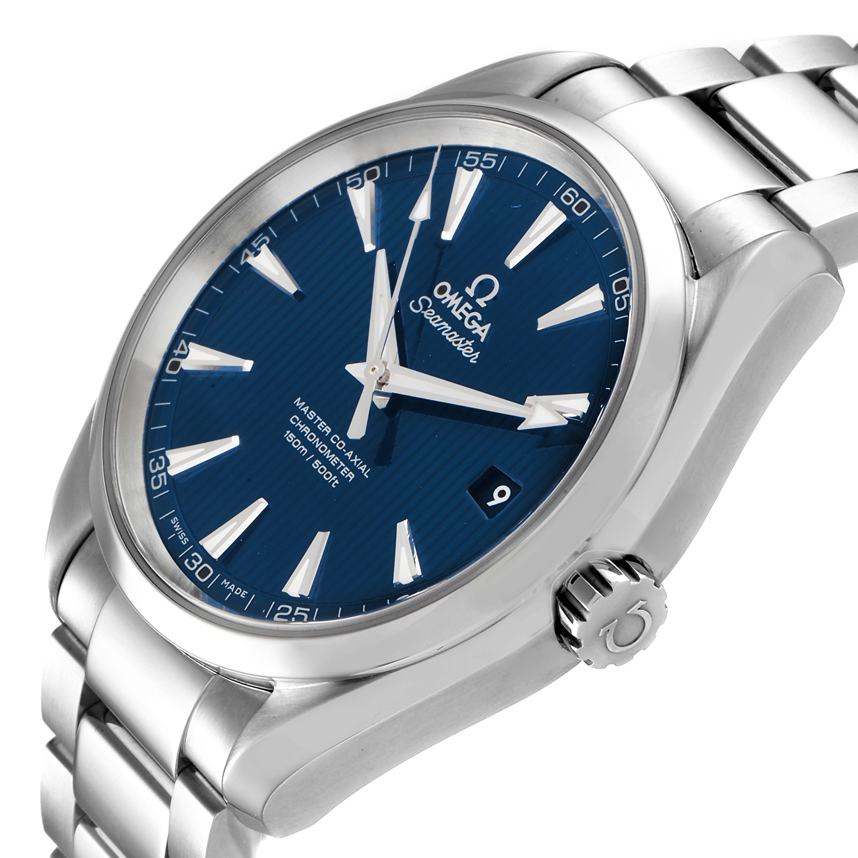 This image shows the dial, bezel, crown, and bracelet of the Omega Aqua Terra 231.10.42.21.03.003 Men
s Stainless Steel Blue Dial 231.10.42.21.03.003 Men
s Stainless Steel Blue Dial watch, viewed from a slightly tilted top angle.