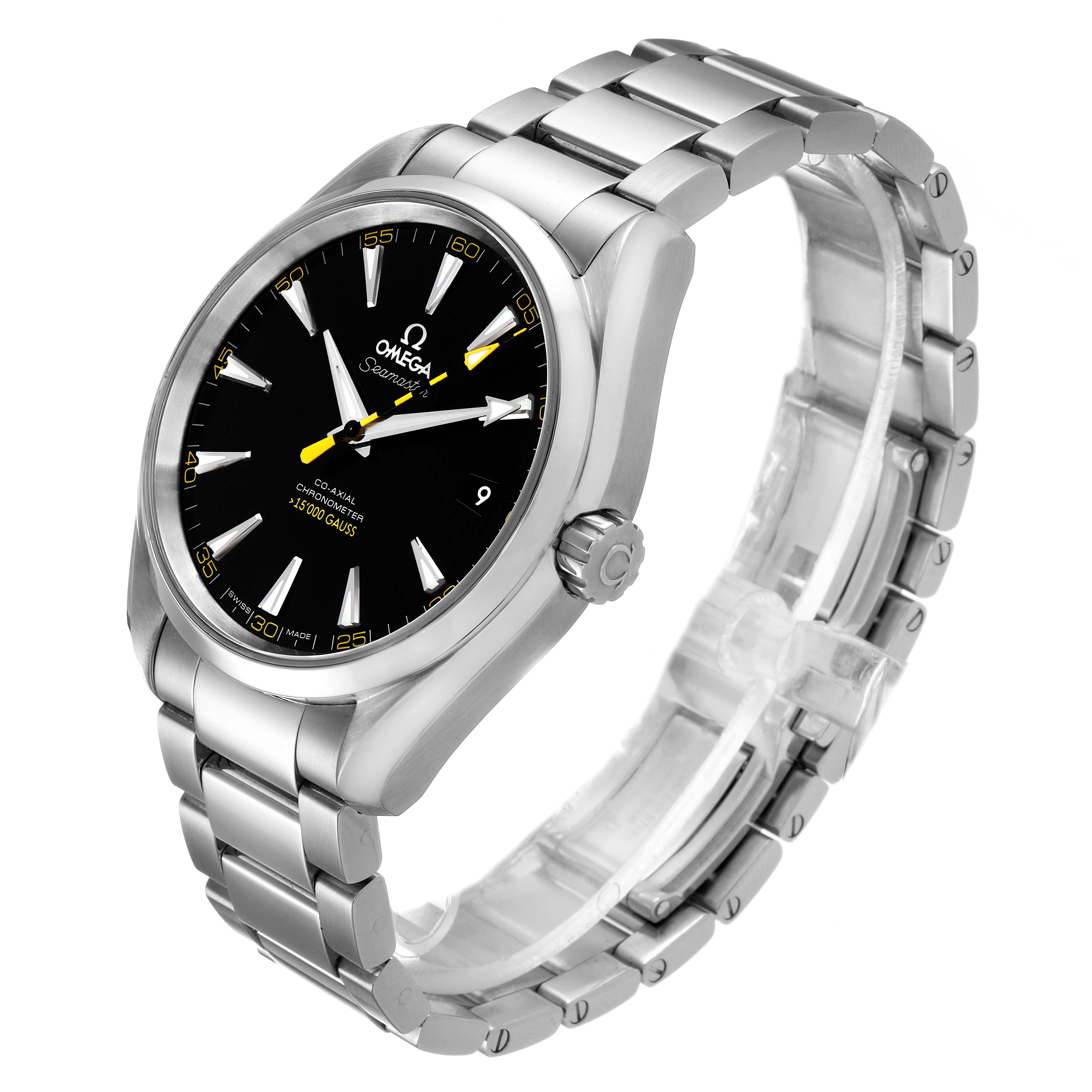 The Omega Aqua Terra 231.10.42.21.01.002 Men's Stainless Steel Black Dial 231.10.42.21.01.002 Men's Stainless Steel Black Dial watch is shown at a three-quarter angle, highlighting its black dial, stainless steel bracelet, and crown.