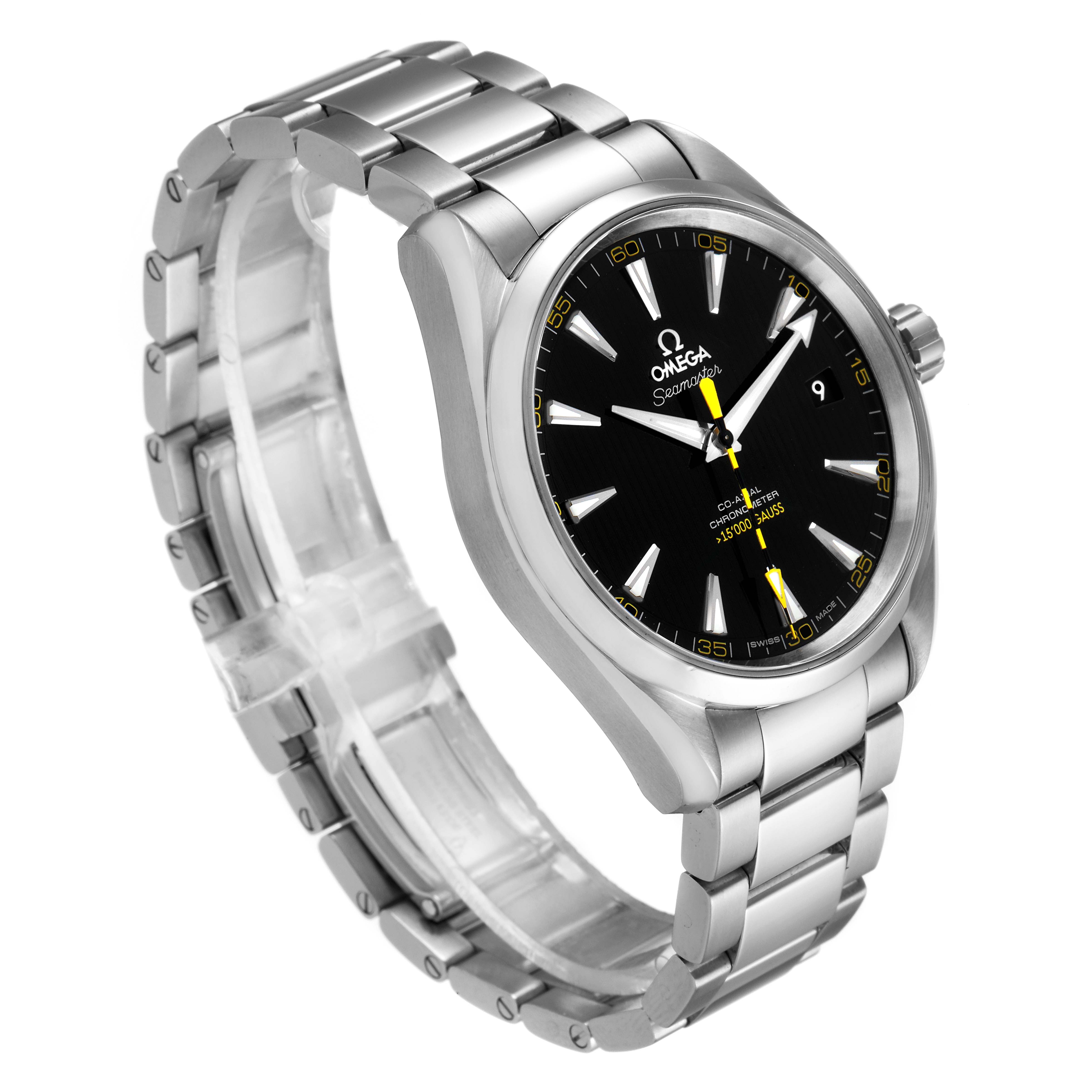 The image displays an Omega Seamaster Aqua Terra watch at a slight angle, showing the face, bezel, crown, and metal bracelet.