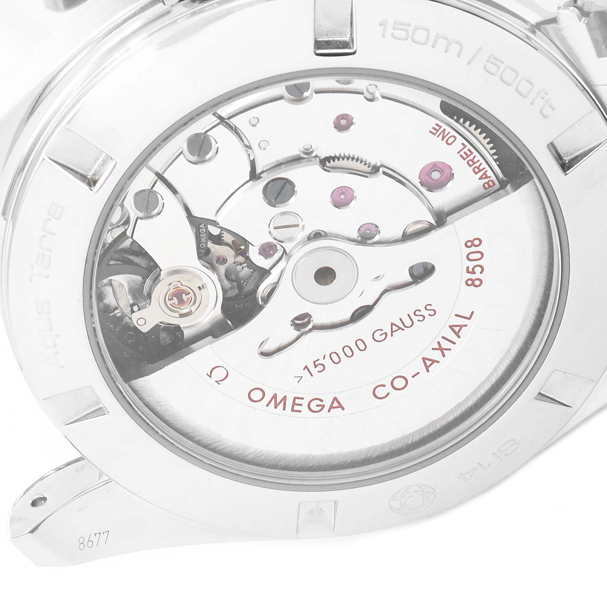 This image shows the transparent case back of an Omega Aqua Terra 231.10.42.21.01.002 Men's Stainless Steel Black Dial 231.10.42.21.01.002 Men's Stainless Steel Black Dial watch, revealing its co-axial movement mechanism.