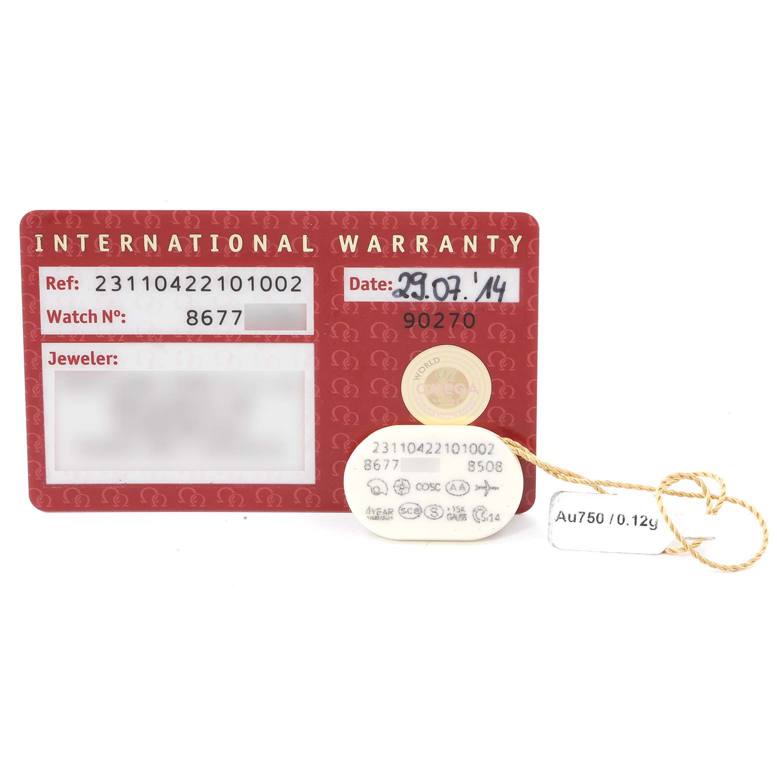 This image shows the international warranty card and a tag for the Omega Aqua Terra 231.10.42.21.01.002 Men's Stainless Steel Black Dial 231.10.42.21.01.002 Men's Stainless Steel Black Dial model watch.