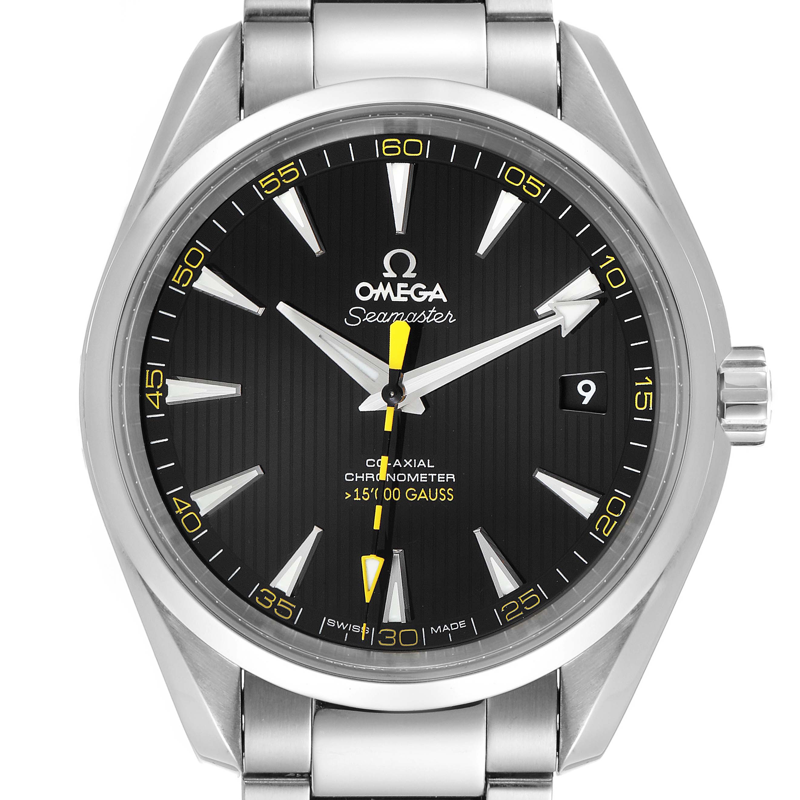 The Omega Aqua Terra 231.10.42.21.01.002 Men's Stainless Steel Black Dial 231.10.42.21.01.002 Men's Stainless Steel Black Dial watch is shown in a close-up frontal view, highlighting its black dial, polished indices, and stainless steel bracelet.