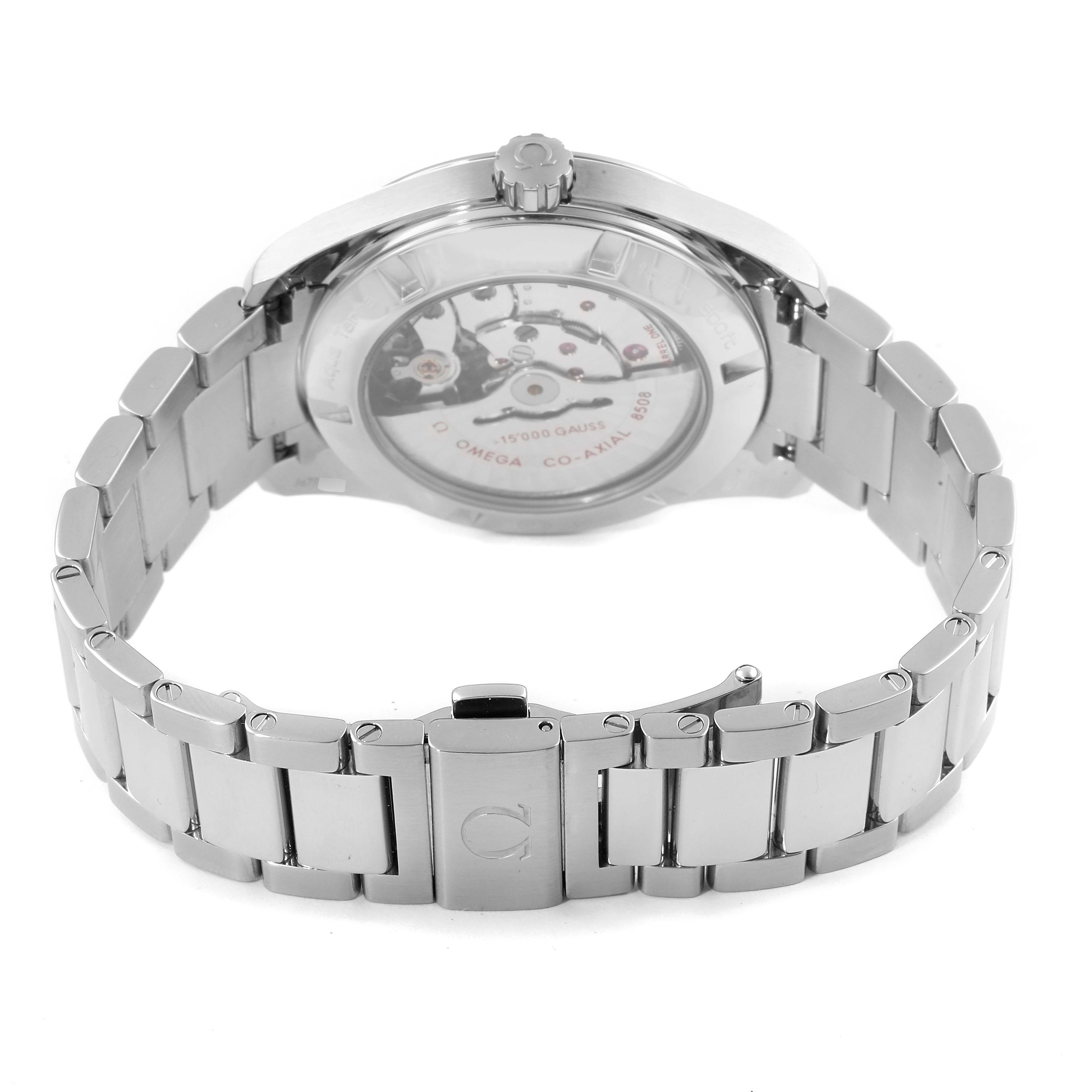 The image shows the back view of the Omega Aqua Terra 231.10.42.21.01.002 Men's Stainless Steel Black Dial 231.10.42.21.01.002 Men's Stainless Steel Black Dial watch, showcasing its metal bracelet and exposed movement.