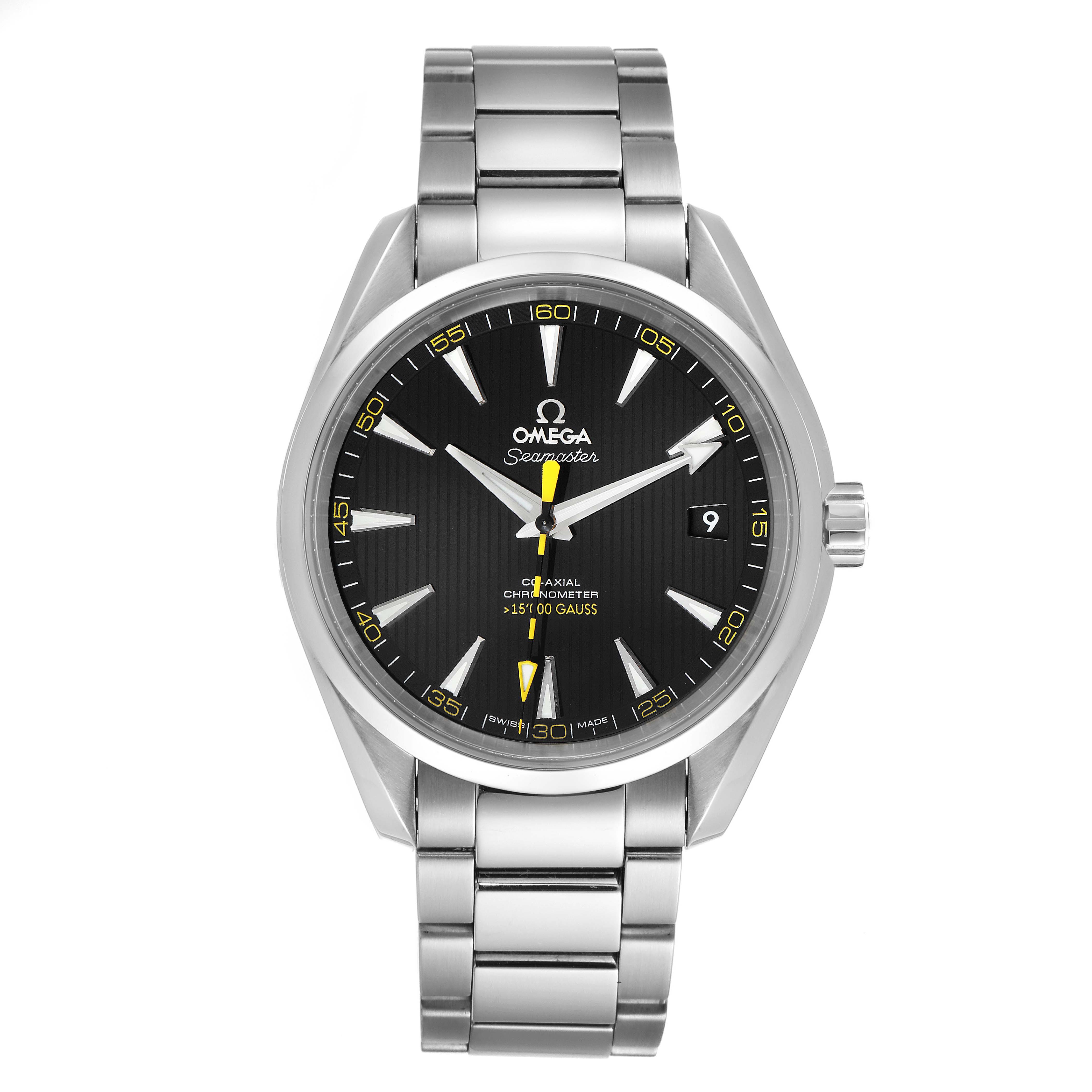 The image shows a front view of the Omega Aqua Terra 231.10.42.21.01.002 Men's Stainless Steel Black Dial 231.10.42.21.01.002 Men's Stainless Steel Black Dial watch, displaying its face, bracelet, and crown.