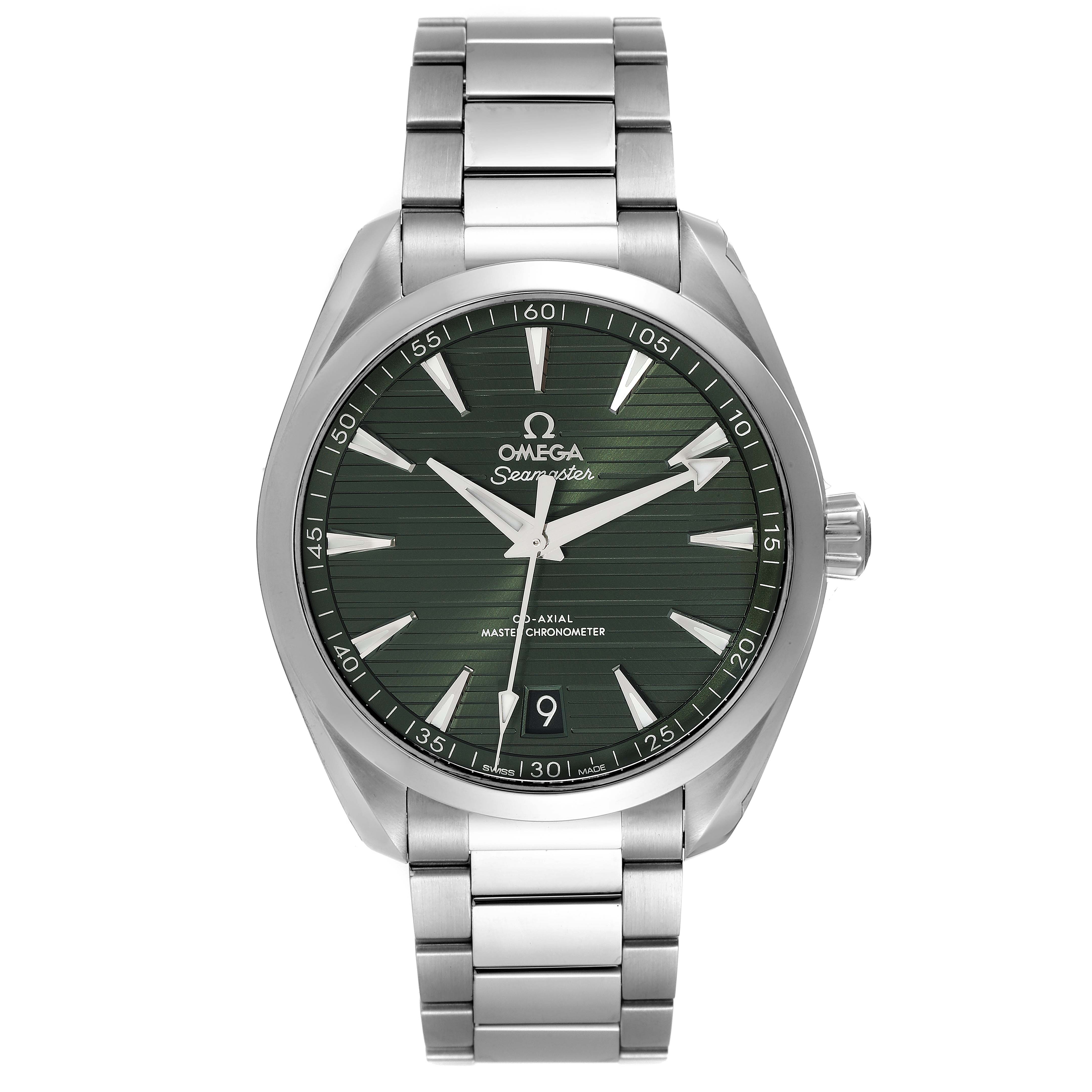 This image shows the front view of the Omega Aqua Terra 220.10.41.21.10.001 Men's Stainless Steel Green Dial 220.10.41.21.10.001 Men's Stainless Steel Green Dial watch, featuring its face, bezel, and stainless steel bracelet.