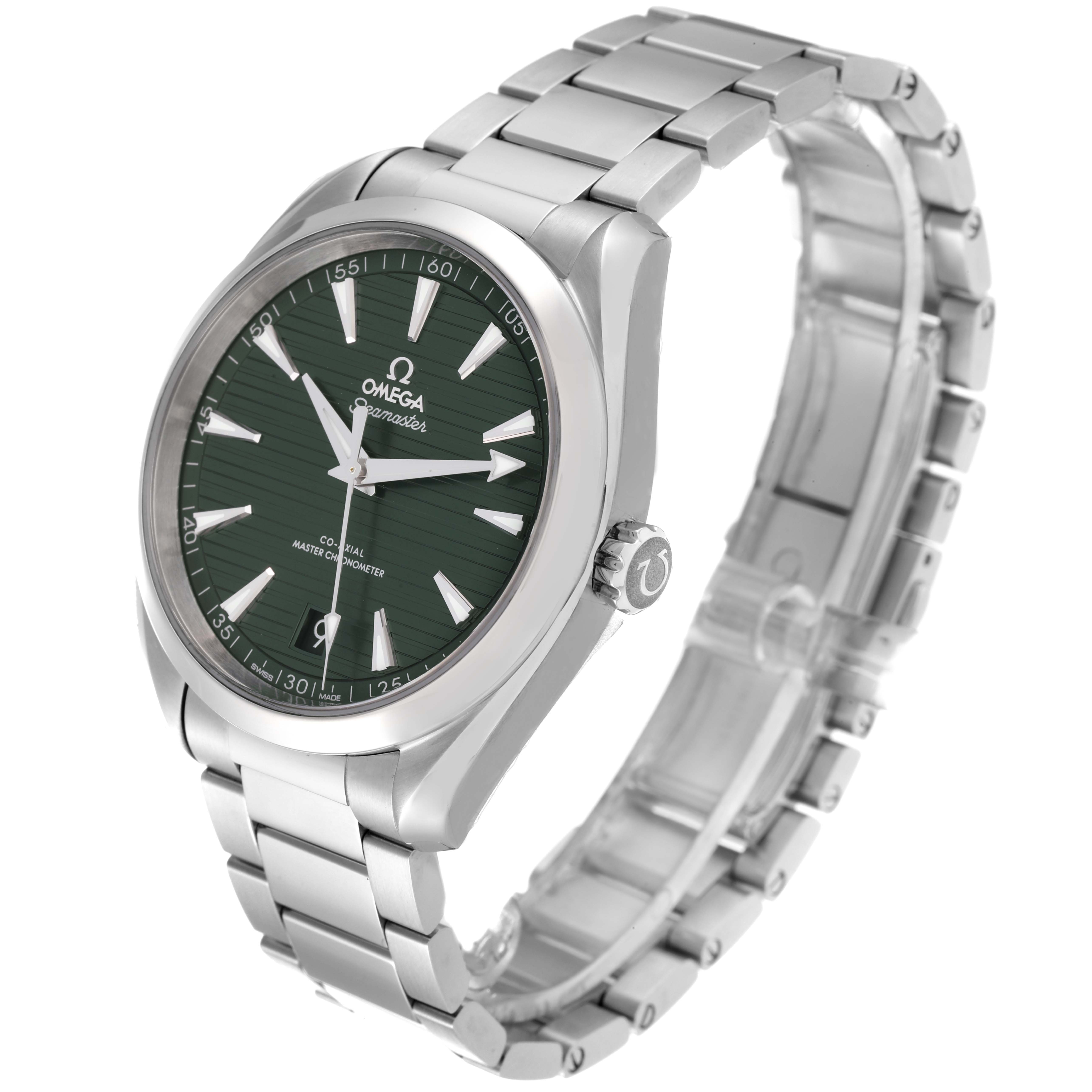 The image shows an Omega Aqua Terra 220.10.41.21.10.001 Men's Stainless Steel Green Dial 220.10.41.21.10.001 Men's Stainless Steel Green Dial watch angled from the front-left, highlighting the green dial and stainless steel bracelet.